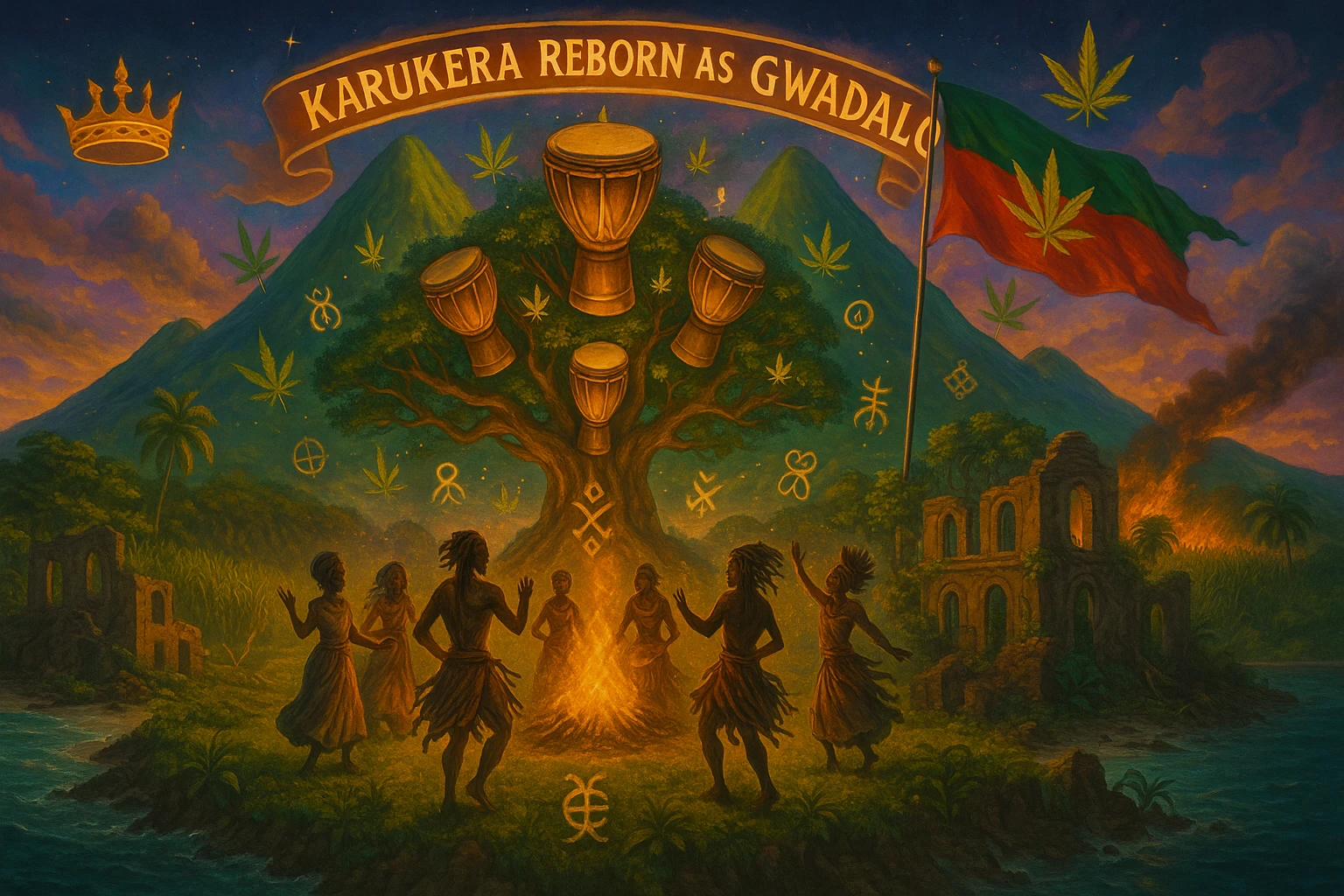 Create a powerful, surreal vision of the Caribbean island Guadeloupe, reimagined as ‘Guadeloupe' — its sacred, sovereign identity restored. The island is lush, tropical, and volcanic, with two green volcanoes glowing golden at the peaks. In the center stands a giant mystical Drum Tree, its branches bearing carved drums instead of fruit, glowing with rhythmic light. Ancestral spirits of African and indigenous lineage dance in a circle around the tree, surrounded by floating ganja leaves and sacred symbols. Sugarcane fields burn gently in the background, symbolizing the end of colonial suffering. Ruins of colonial buildings crumble into the earth, reclaimed by vines and jungle. Above the island, a glowing banner in the sky reads: ‘Karukera reborn as Gwadaloo.’ A ganja-leaf flag waves high in red, green, and gold, and a golden Creole crown floats in the sky above the island — not worn by any man, but held in rhythm. The ocean is turquoise, the light is divine, and the entire scene radiates spiritual victory, cultural remembrance, and cosmic rhythm. Use a warm, cinematic palette of golds, greens, blues, and purples. Style should feel epic, sacred, and symbolic — a rebirth of Caribbean power. emoji