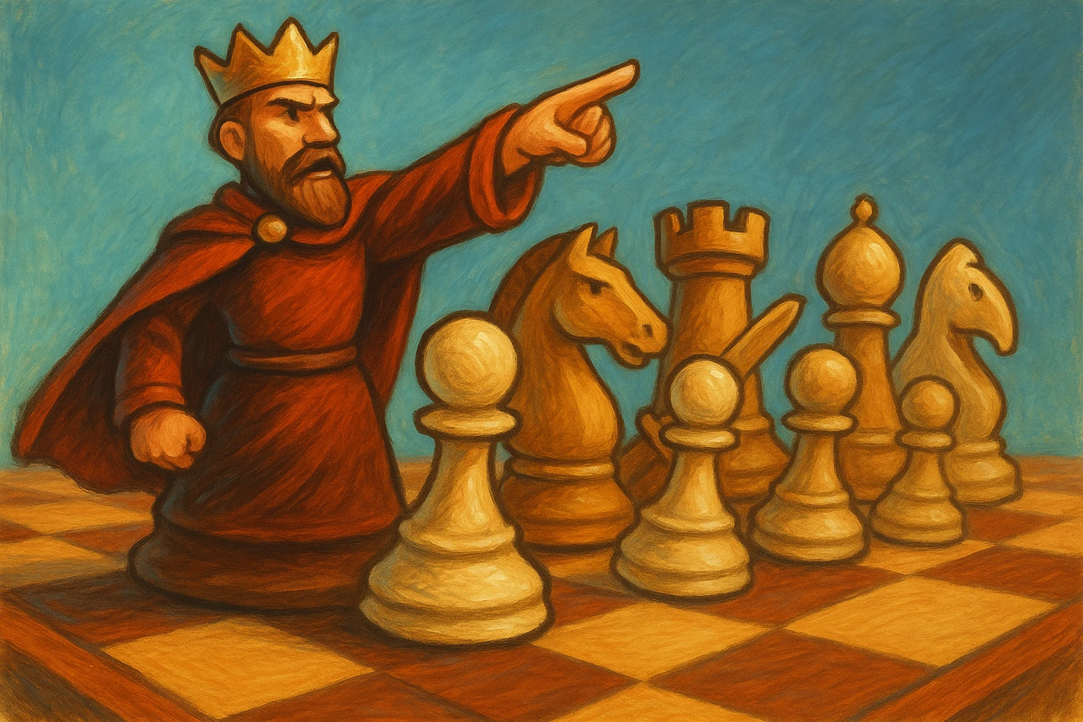 В cлегка рисованной, но при этом объемной и яркой стилистике сгенерируй картинку где по центр стоит шахматный король, он указывает пальцем в даль как военноначальник, а рядом фигуры пешек, конь, ладья, слон идут в атаку, на полу виднеется шахматная доска, фон позади фигур однотонный emoji