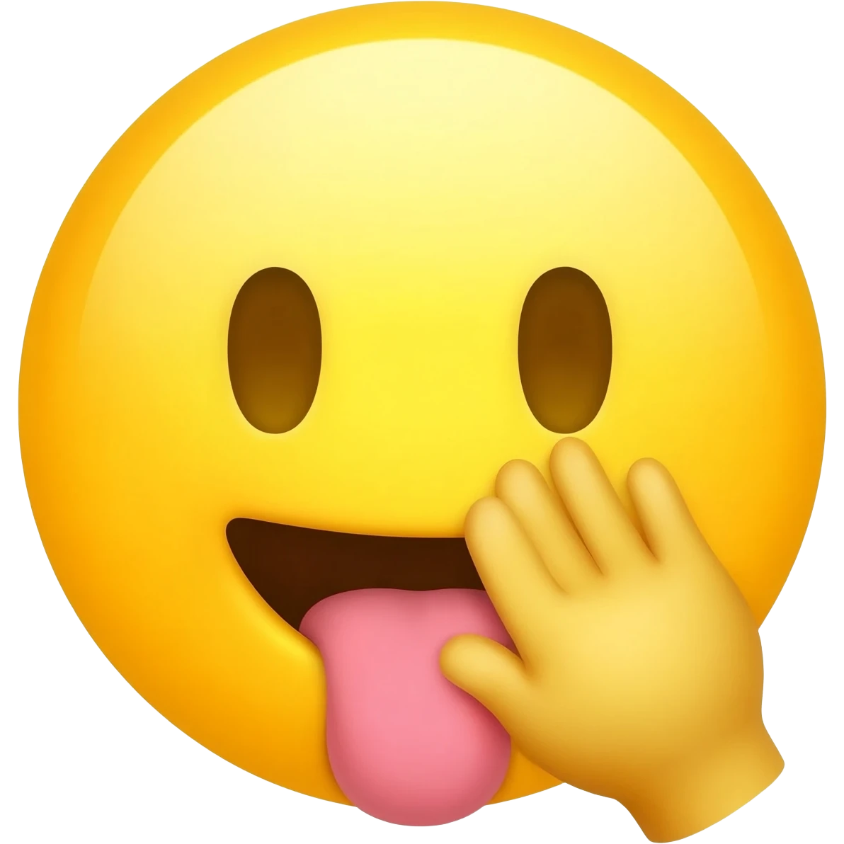 Make a emoji the is like a classic iPhone emoji so it is yellow and make it so the emoji is telling a secret so the hand is right next to the mouth but make the tongue stick out and make the head a circle with no body and the hand is open emoji