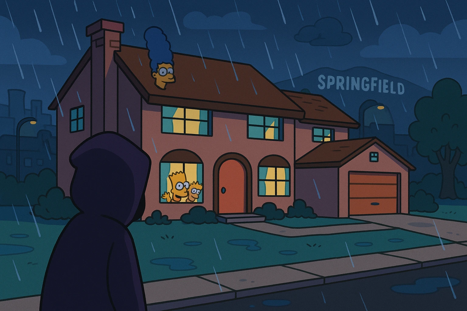 Springfield sous la pluie, la nuit. Une silhouette encapuchonnée observe la maison des Simpson. emoji