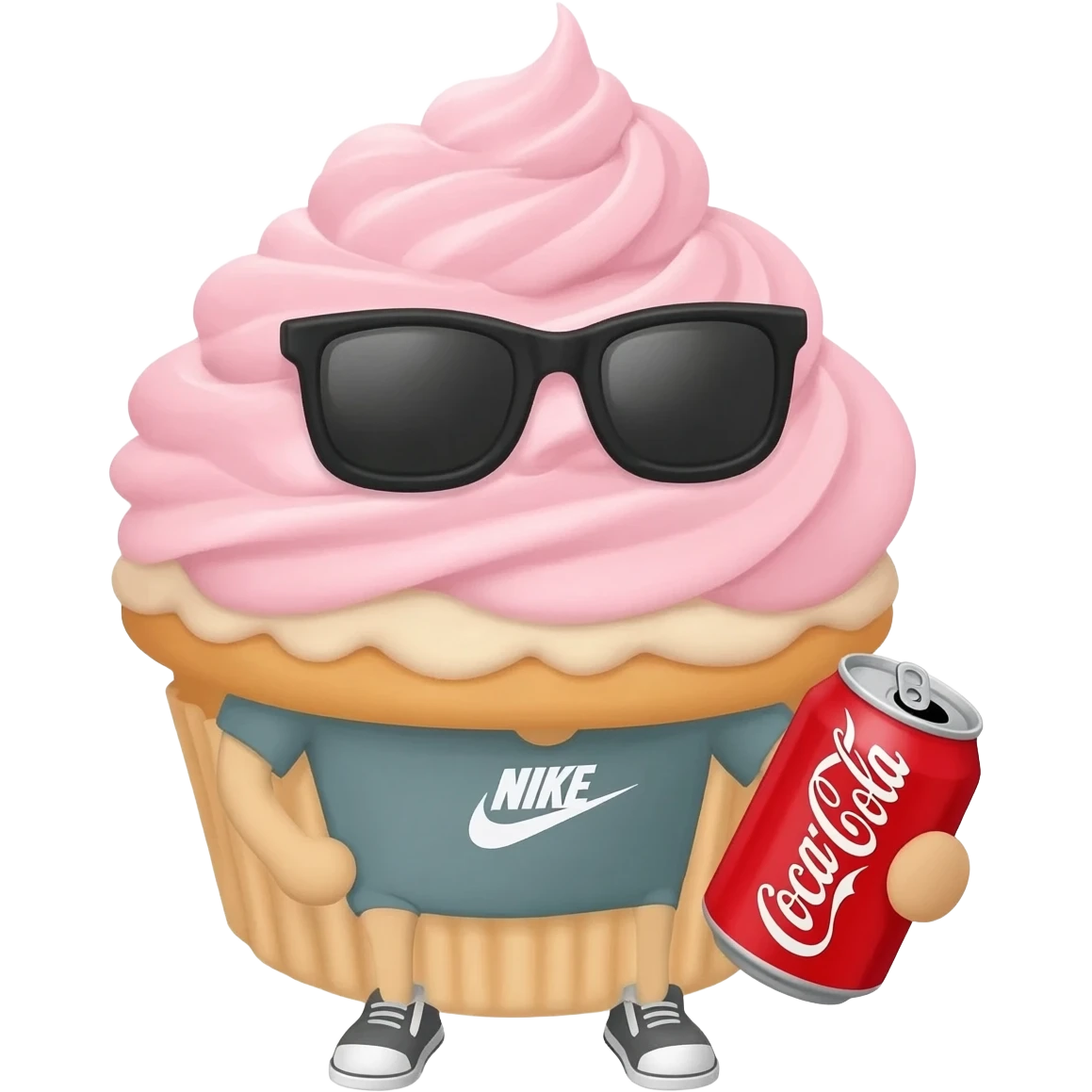A cupcake wearing a Nike tech with sunglasses and holding a can of coke emoji