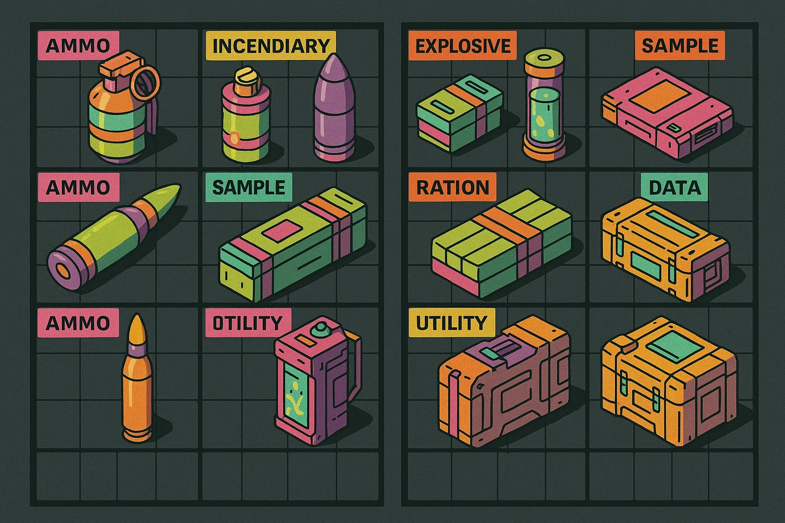 a virtual display, a gray grid with darker gray cells, each cell containing an item viewed in isometric minimalism render The cells have pastel neon colored labels in their upper corner, indicating various traits of the items. retrofuturism, circa 2880's.
The items are scientific and military in nature - varieties of munitions, scientific samples, rations, data storage, utilities. There are two arrays of grids, one left, one right. Each array has a few empty spaces at the bottom. "graphic realism." brutalism. the items are adorned in bright colors, neon-safety, early 90's pallete emoji