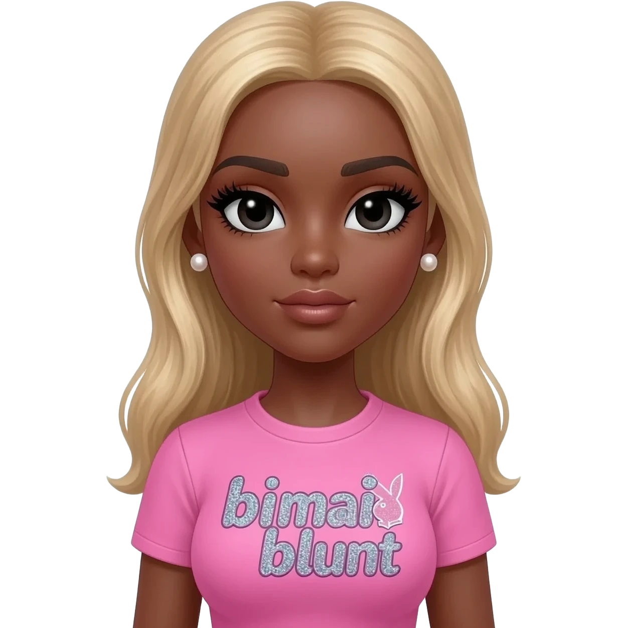 doll body , dark brown eyebrows, dark skin girl, pearl earrings stud, Long giant lashes, bimbo, black doll eyes, barbie, dark brown skin, with blonde hair, big breast, pink 2000s t shirt says on the sparkling text “bimbo blunt” on playboy logo emoji