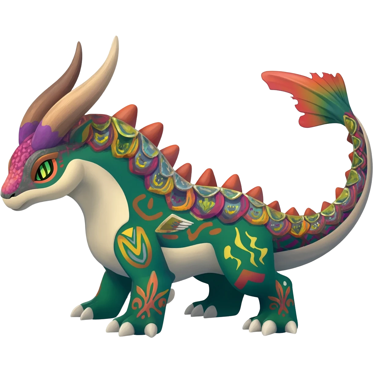 Colorful Exotic La Creatura Pokémon-Fakémon-hybrid-creature (full body) with tribal intricate splash-markings and patterns and furs and scales and spikes and fins and horns  emoji