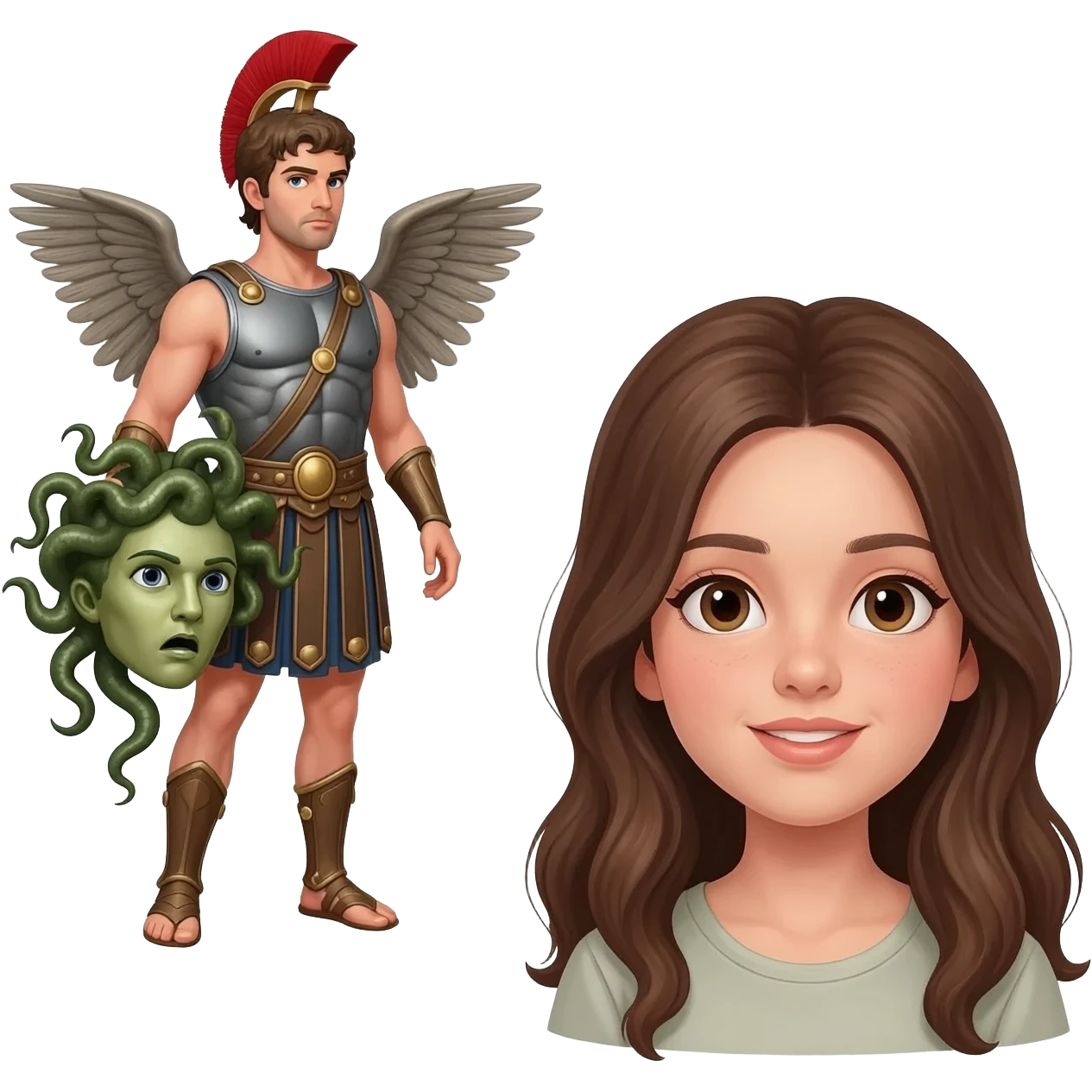 Perseus was winging his way back to Greece with the head of Medusa and spotted the girl (she has long brown hair) emoji