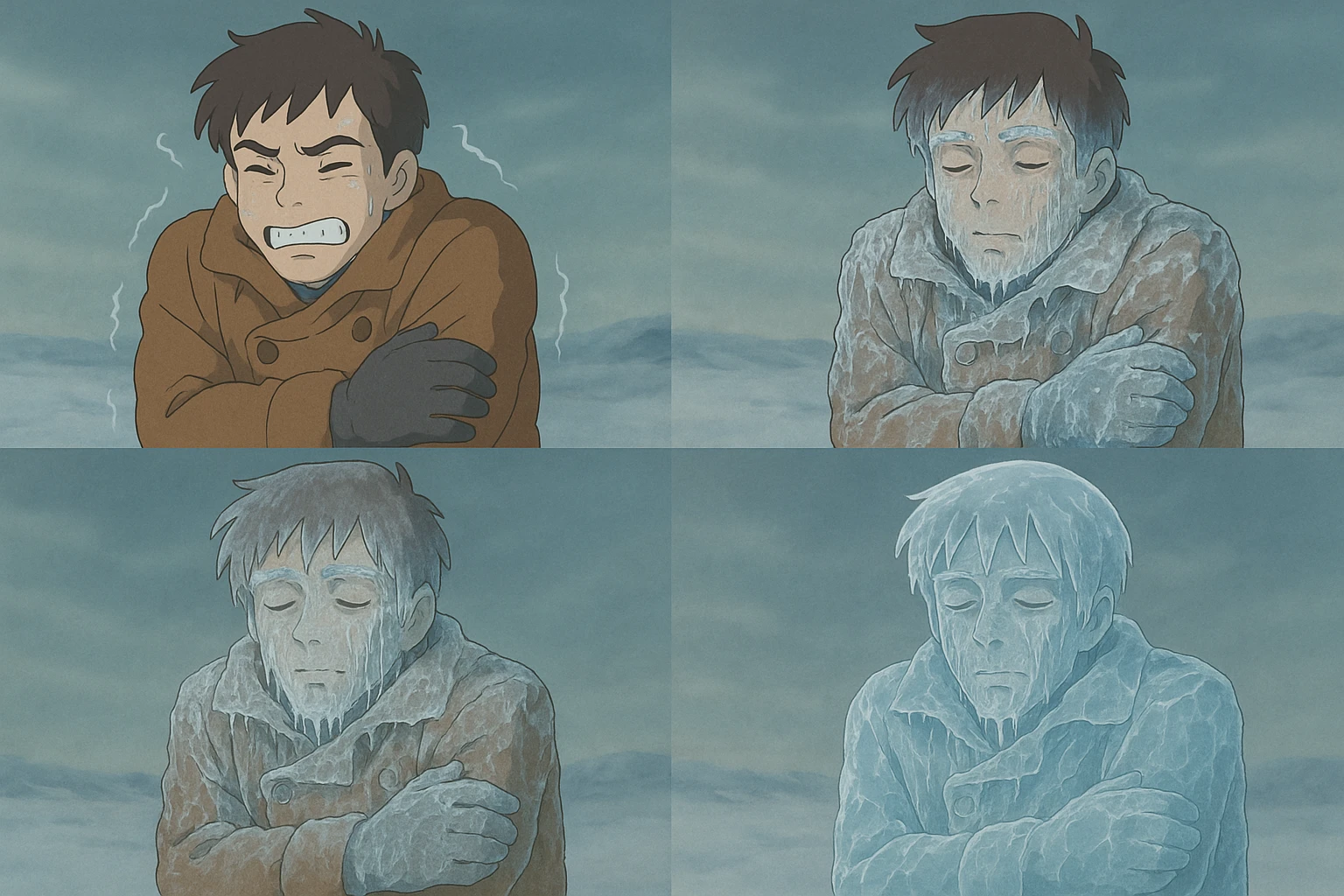 a man freezing step by step, from shivering to encased in ice, ghibli style, soft colors emoji