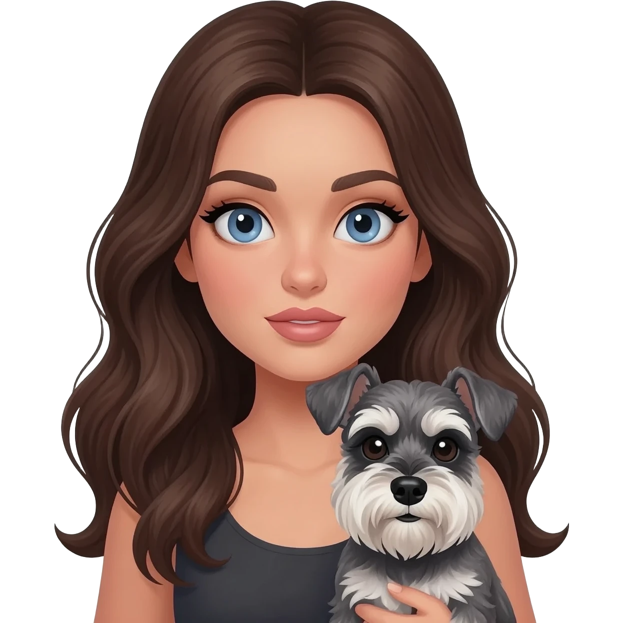Brunette slate blue eyes white girl with long slightly wavy hair and thick eyeliner full lips holding a salt and pepper miniature schnauzer emoji