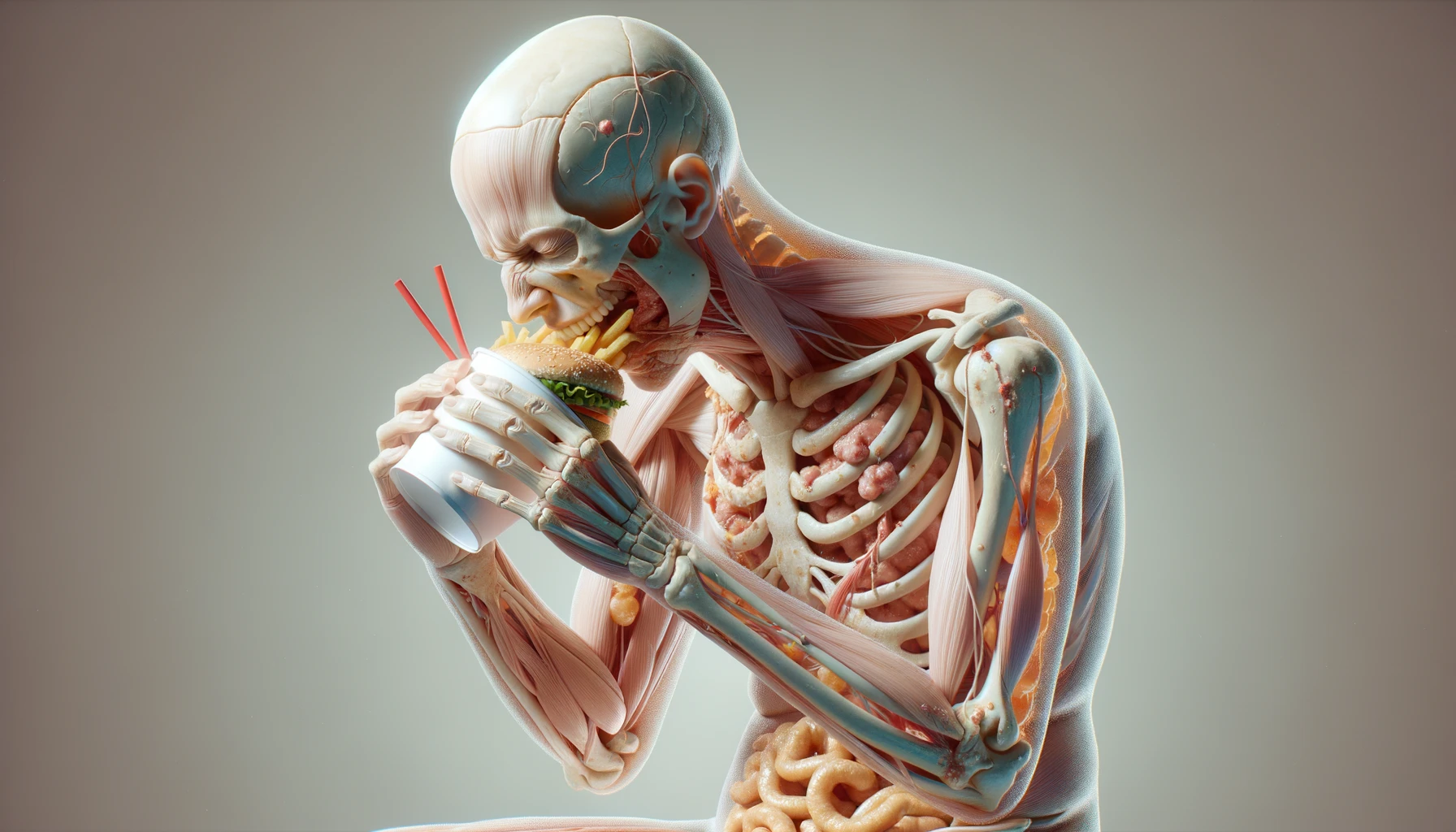 CORPO UMANO ANATOMICO CHE MANGIA FAST FOOD E STA MALE, SFONDO NEUTRO CHIARO, IPERREALISTICO 4K emoji