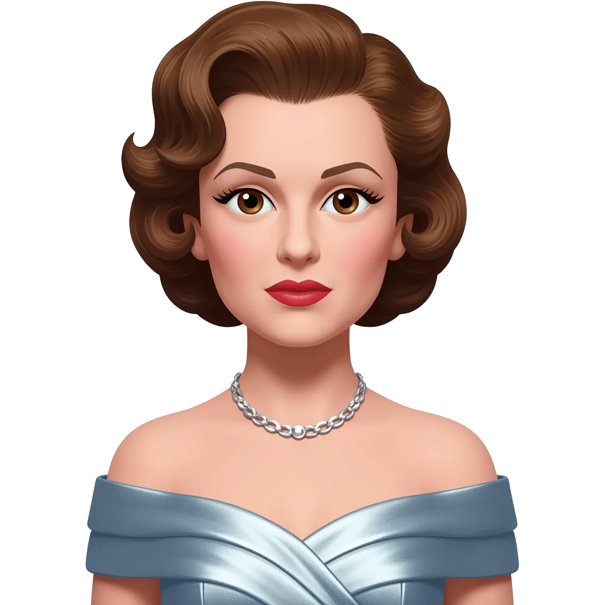 Judy Garland with brown eyes, brown hair, light steel blue metallic off shoulder dress, silver necklace emoji