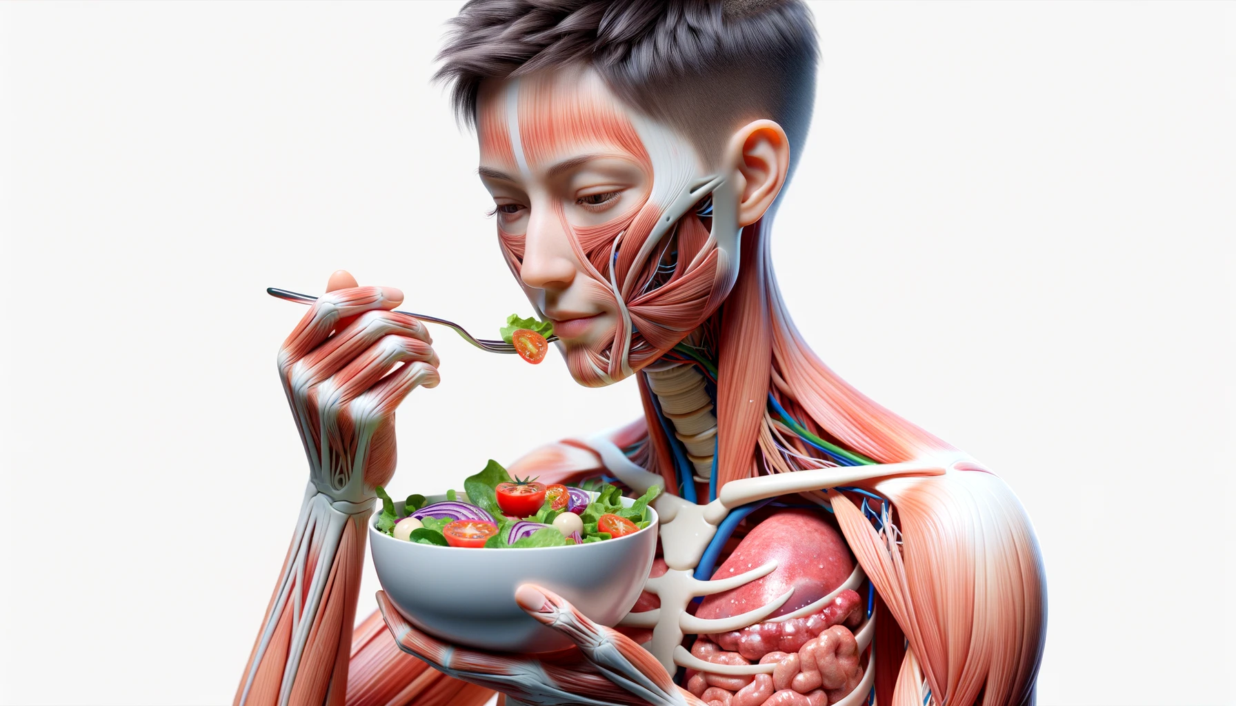 corpo umano anatomico con capelli corti che mangia un insalata con espressione serena in volto, organi sani in evidenza, iperrealistica 4k, isolato su sfondo bianco emoji