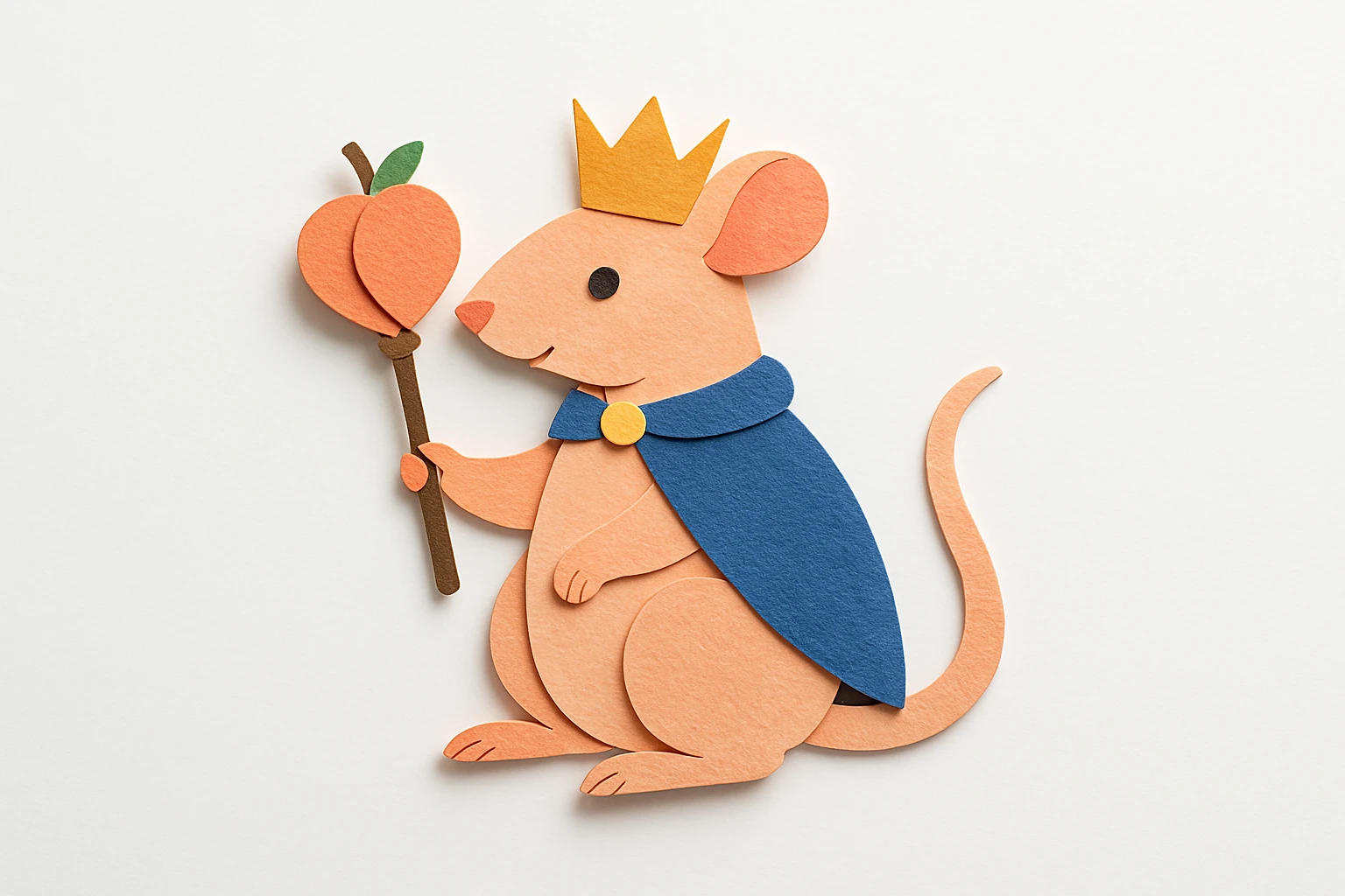 a regal rat with peach-colored fur, holding a scepter shaped like a peach, in a paper craft style emoji