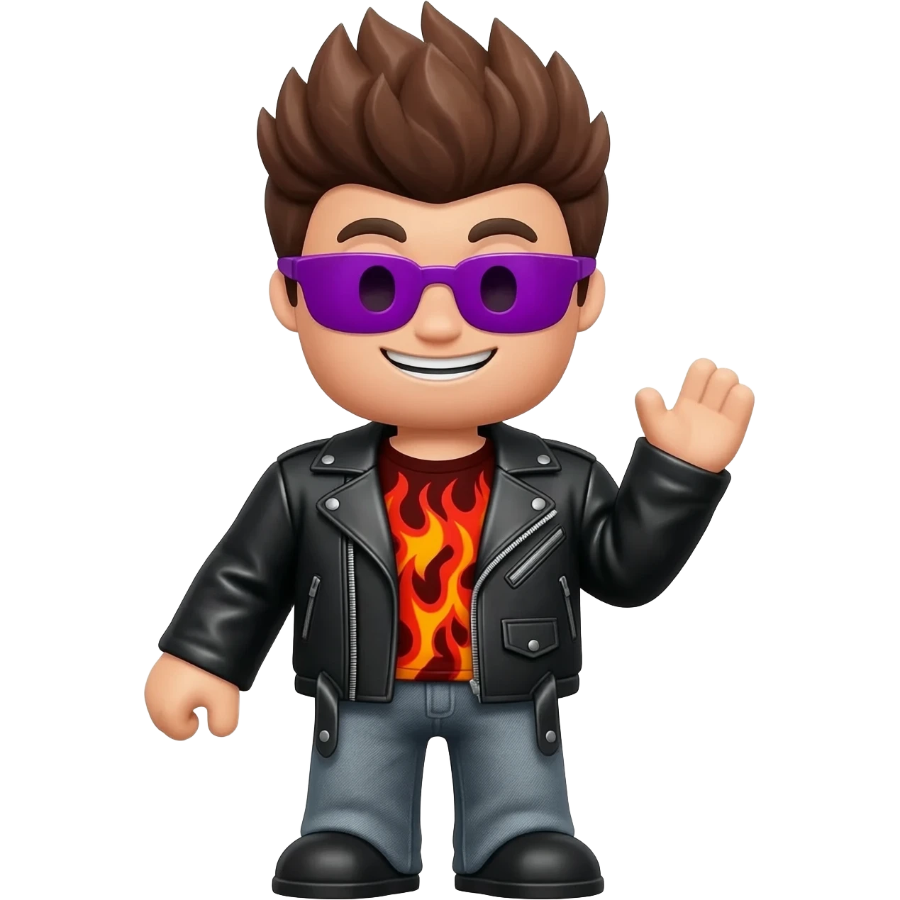 Cool Roblox boy avatar emoji, brown hair, purple sunglasses, smiling face, black leather jacket, red shirt with flame design, gray jeans, confident pose with one hand raised, playful and stylish vibe, 3D cartoon style, bright lighting, cute gaming emoji style emoji
