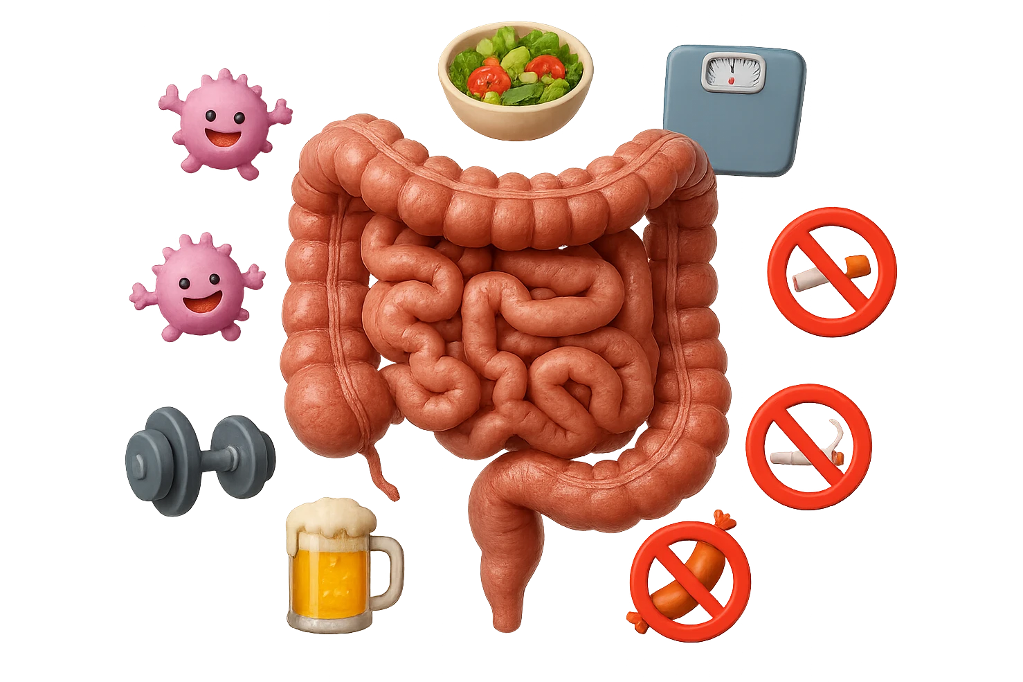 intestino umano anatomico realistico al centro, intorno al quale ruotano emoji stile iphone di: due batteri intestinali felici, una bowl di insalata, una bilancia pesapersone, manubri da palestra, e un boccale di birra con divieto 3d sopra, una sigaretta con divieto 3d sopra e un wurstel con divieto 3d sopra, fluttuano in aria, iperrealistico 4k emoji