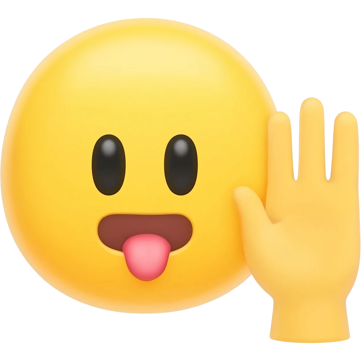 Make an emoji that is telling a secret but sticking out it’s tongue And make it a classic yellow emoji and the hand right next to the moutb and it is a circle just like the iPhone emojis make a yellow hand And the hand is open and make eyes normal with eyebrows emoji