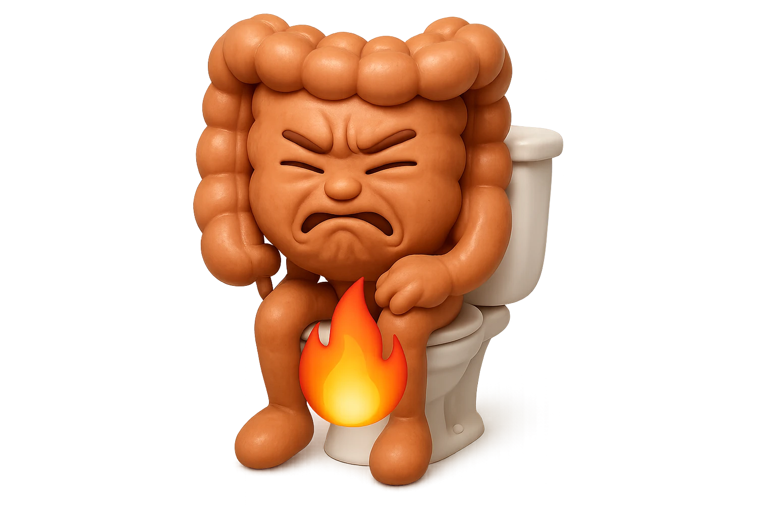 SU QUESTO STILE FAI UN EMOJI STILE IPHONE 3D DI UN INTESTINO CHE sta seduto sul wc e dal wc in mezzo alle sue gambe esce una fiamma stile emoji iphone, FAGLI UN ESPRESSIONE di dolore mentre si sforza E FALLO MOLTO REALISTICO IN 3D emoji