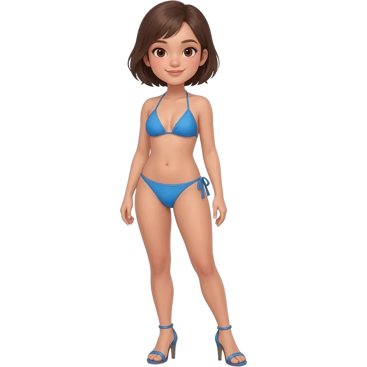 Filipino girl real blue triangle top bikini and tie tanga bikini bottom full body slim stand straight with high heels sandals brown short hair emoji