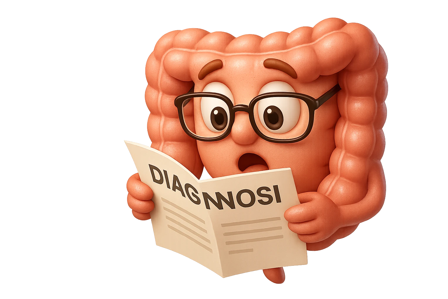 EMOJI STILE IPHONE DI UN INTESTINO CON GLI OCCHIALI CHE LEGGE UN FOGLIO CON LA SCRITTA DIAGNOSI, ESPRESSIONE STUPITA IN VOLTO, IPERREALISTICO 4K emoji