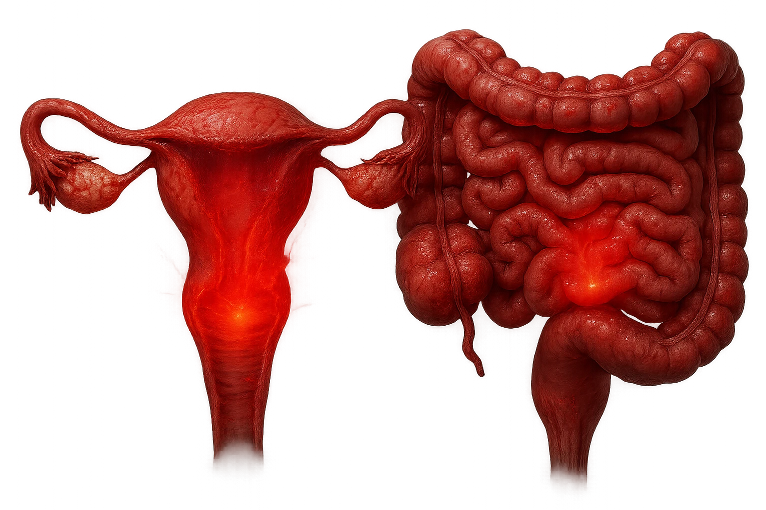 utero umano anatomico iperrealistico e intestino umano anatomico iperrealistico hanno in comune il dolore e l'infiammazione, rendi bene il collegamento tra i due organi doloranti, falla iperrealistica, non disegnata emoji