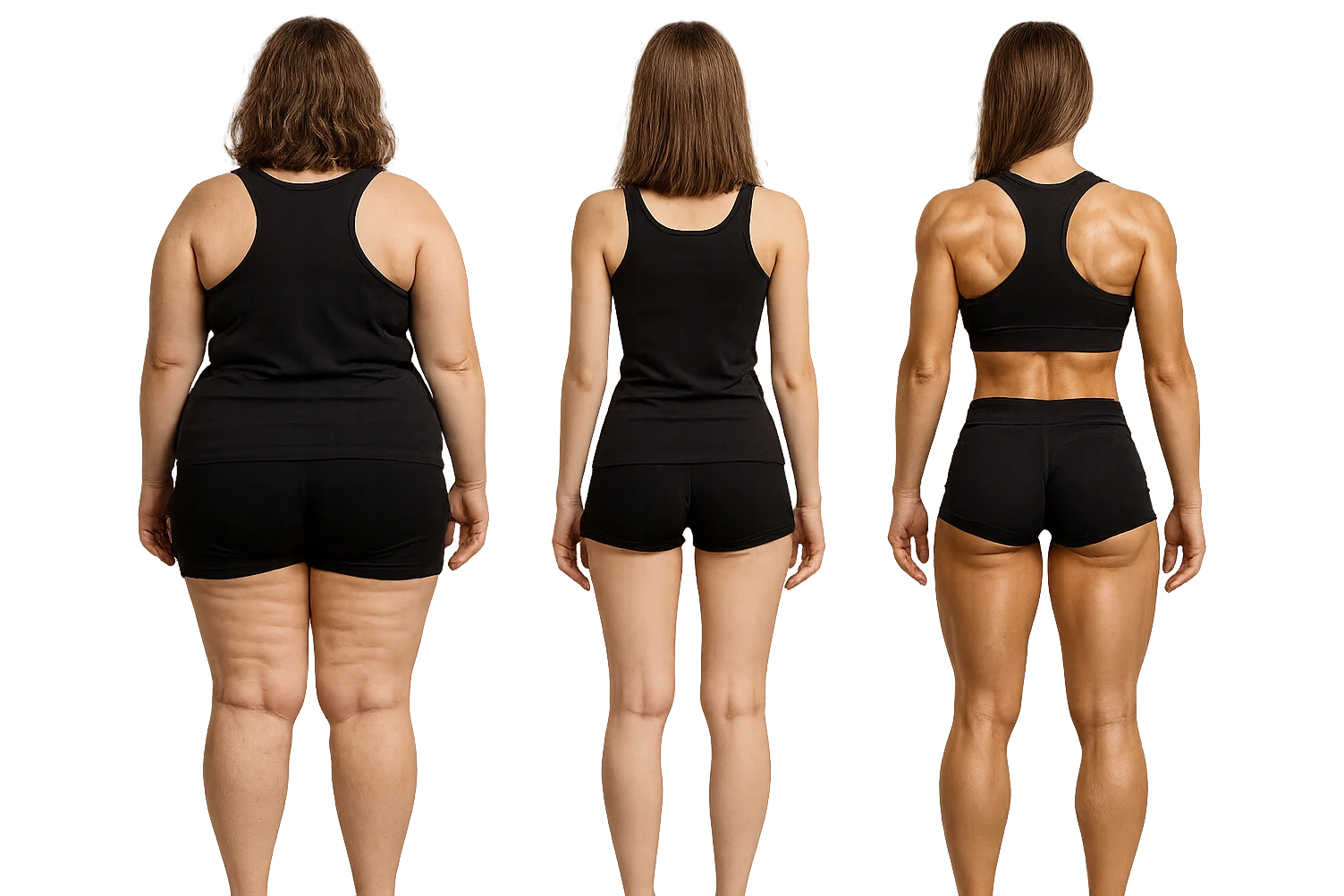 fai una donna di spalle in gym shorts leggermente sovrappeso e con cellulite e accanto una seconda donna di spalle magra (che è dimagrita post dieta) e accanto una terza donna in forma allenata e con le giuste proporzioni, l'immagine deve rappresentare il processo: da donna grassa, a donna piatta e magra, a donna allenata e in forma con i giusti muscoli, iperrealistico 4k emoji