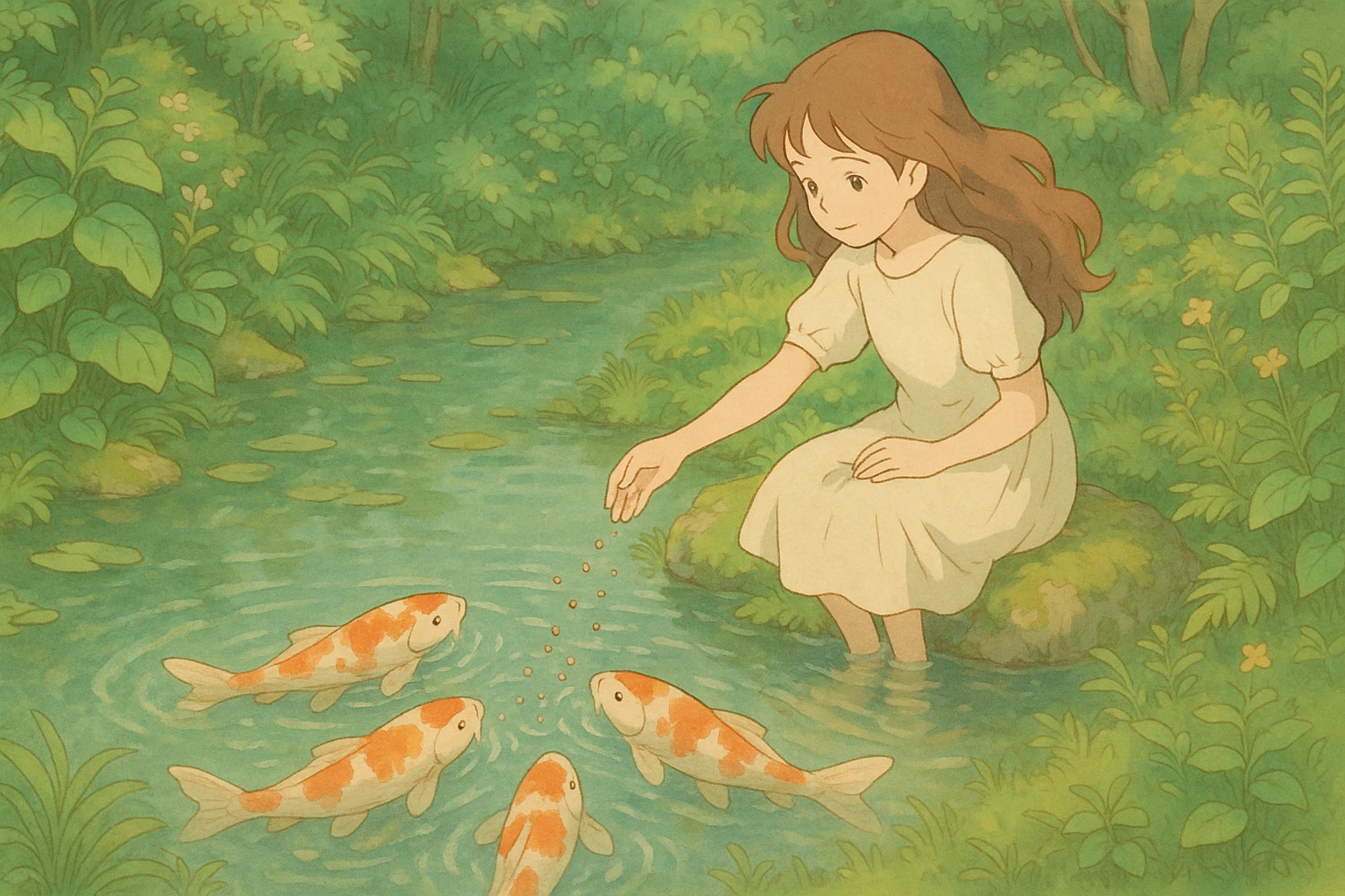 girl feeding koi fish in a pond emoji