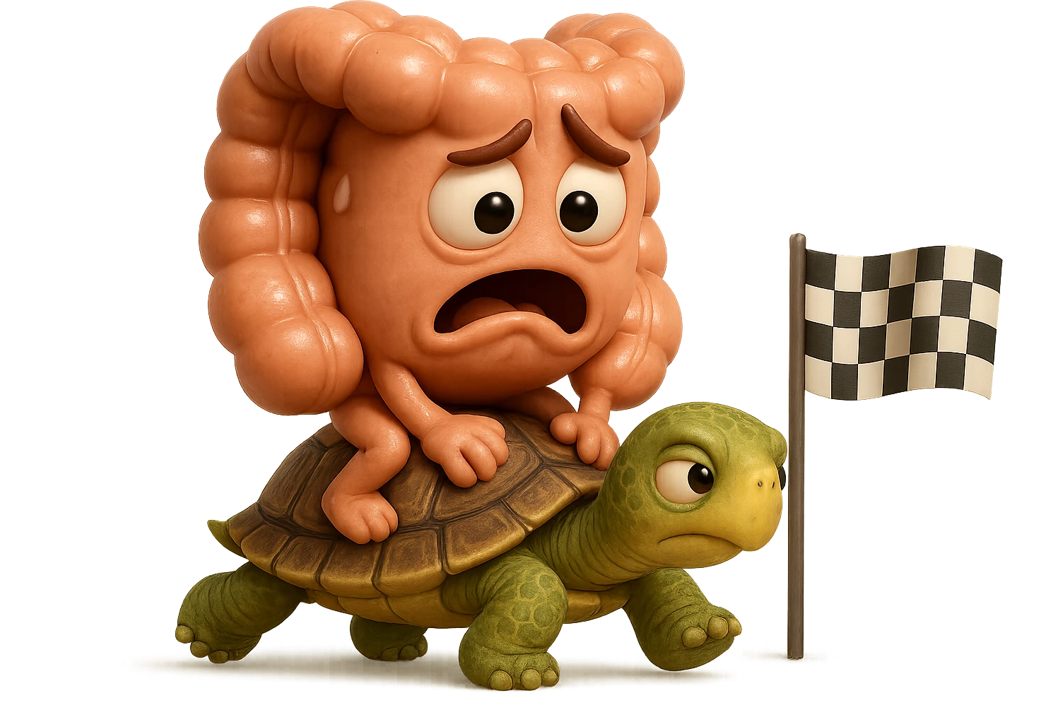  EMOJI STILE IPHONE 3D DI UN INTESTINO CON ESPRESSIONE ANGOSCIATA CHE CAMMINA SEDUTO IN GROPPA SUL GUSCIO DI UNA TARTARUGA IN ATTESA ESTENUANTE DI RAGGIUNGERE UN TRAGUARDO POCO PIù AVANTI, SULLA LORO DESTRA. IL TRAGUARDO è UNA BANDIERA A DUE PIEDI CON FASCIA A SCACCHI BIANCHI E NERI. iperrealistico 4k emoji