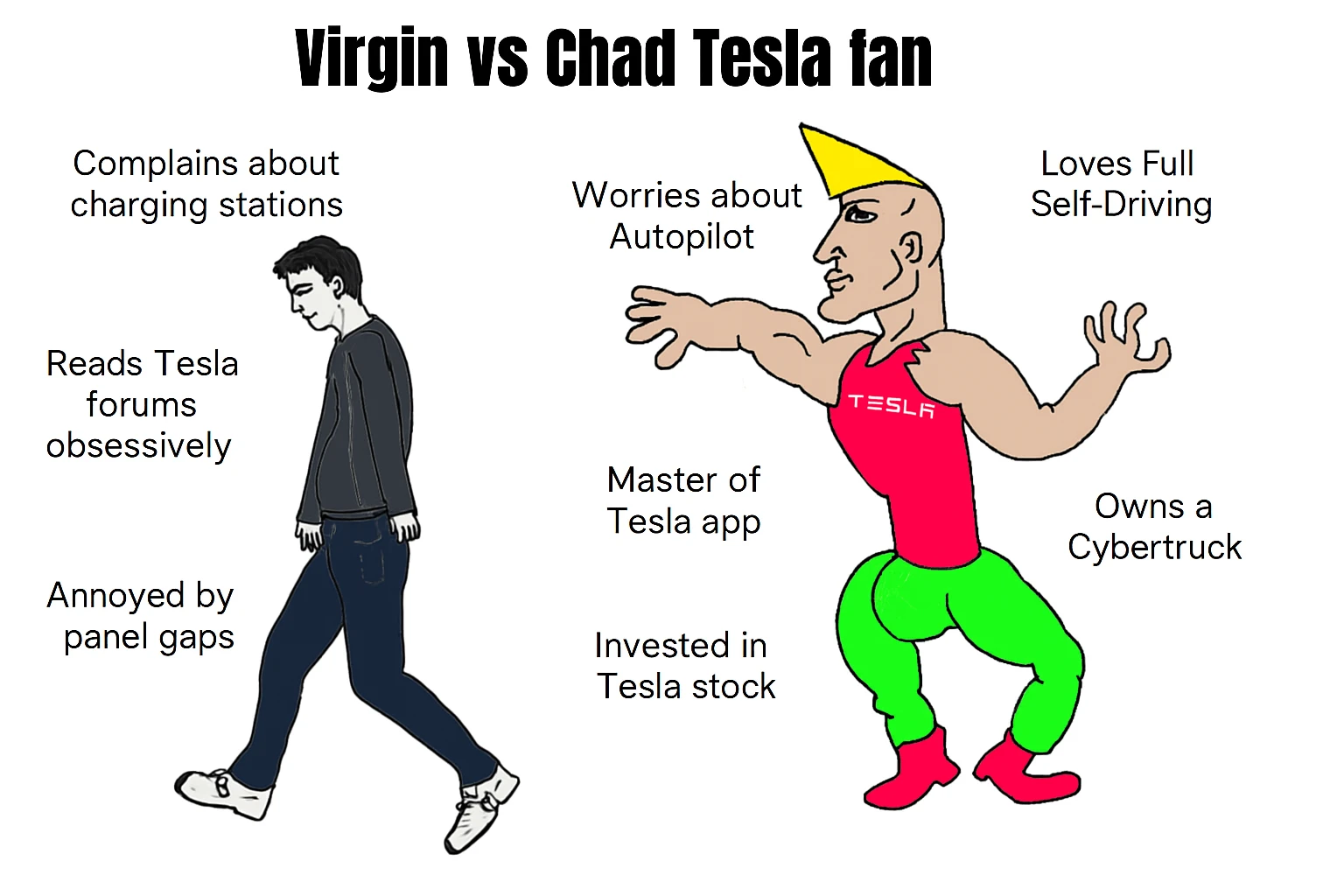 make virgin vs chad meme on tesla fan in above style  emoji