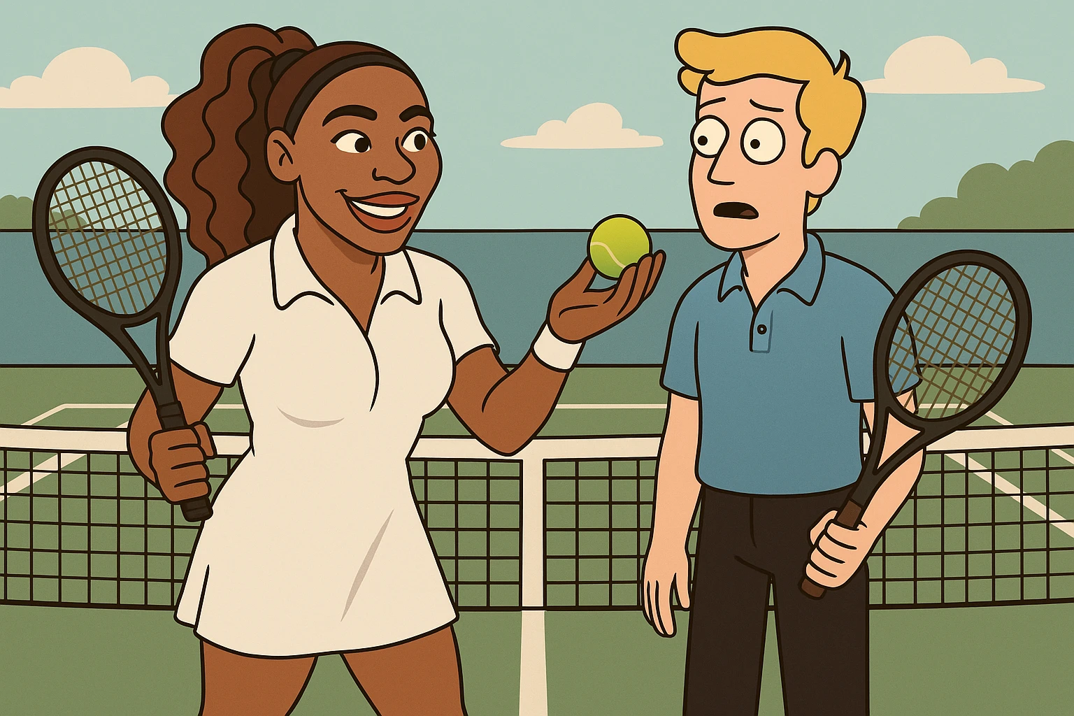 Serena Williams white shirt dress tennis racket one ball tennis a man dark yellow hair blue shirt black trousers tennis racket tennis court background  emoji