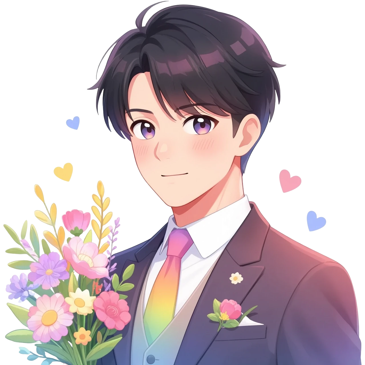 Gorgeous romantic anime style Asian formal modern gentlemanly guy with flowers and blushing face aesthetic trending style outside with colorful gradient colors  pastelcore cottagecore kawaiicore emoji