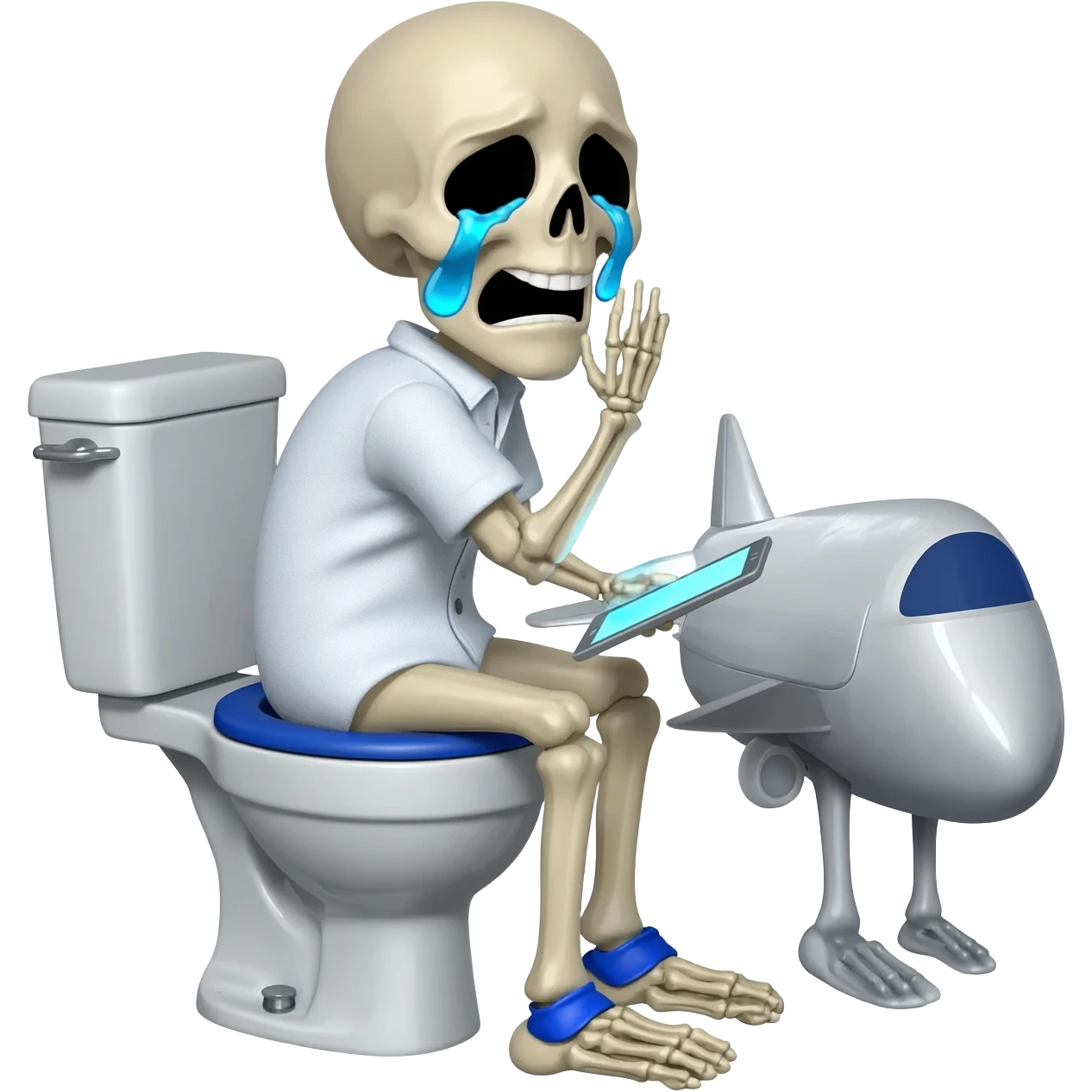 skeleton man sitting on the toilet on a plane with the tilet on top and the plane has human legs and crying laughing emoji
