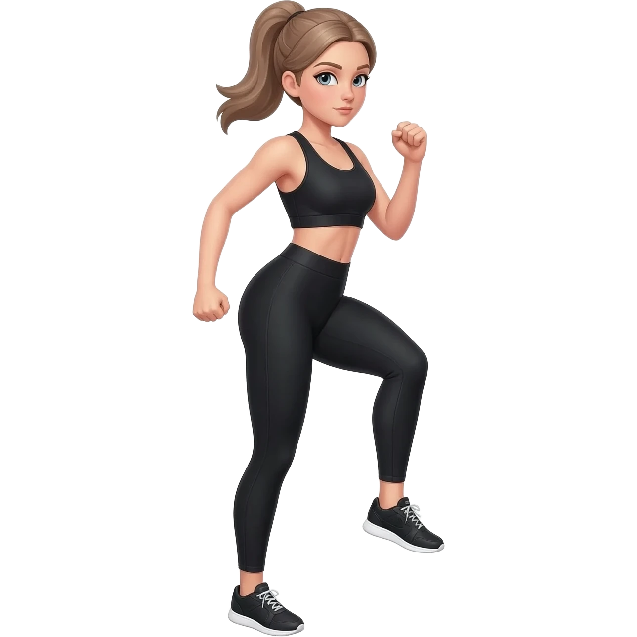 butt kicks, fair-skinned woman, light gray-blue eyes, ash brown brows, ash light brown hair tied back, slim athletic body, black workout set, black sneakers with white soles emoji