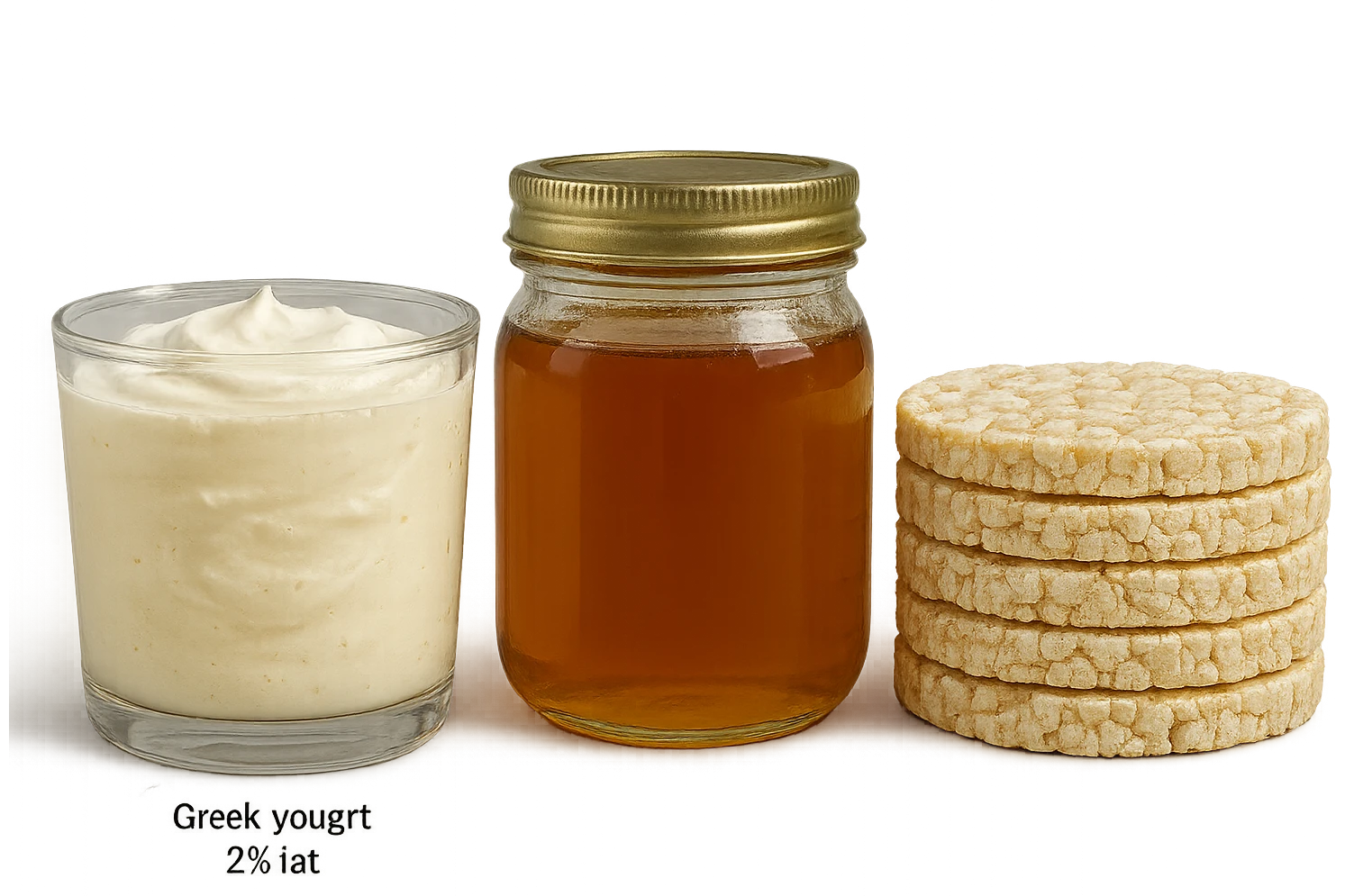 Yogurt Greco 2%
Miele (senza il cucchiaio di legno)
Gallette di Riso
vista frontale, iperrealistico 4k emoji