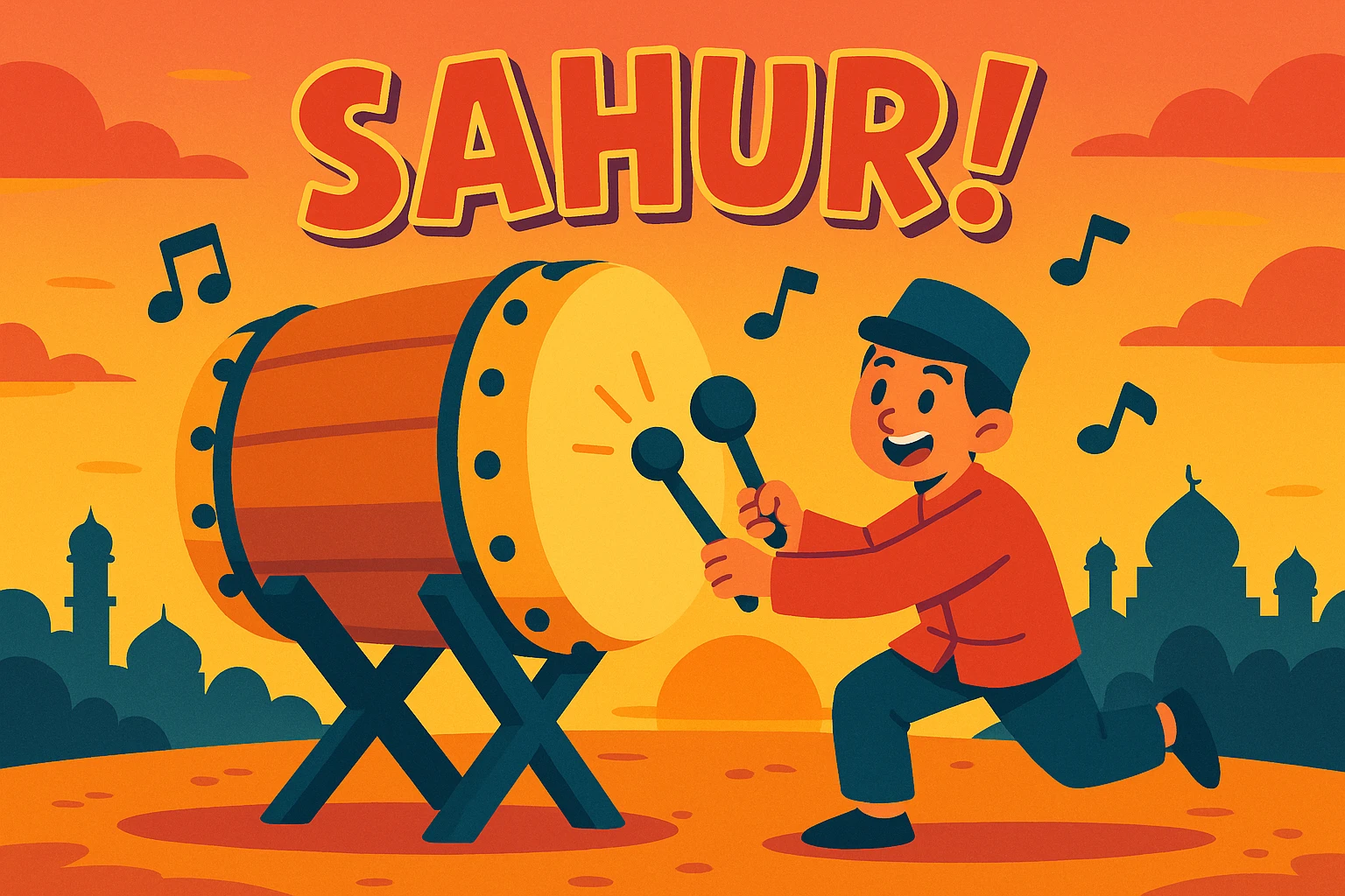 traditional Indonesian bedug drum being played at dawn, with musical notes and the word 'Sahur', festive and energetic, cartoon style emoji