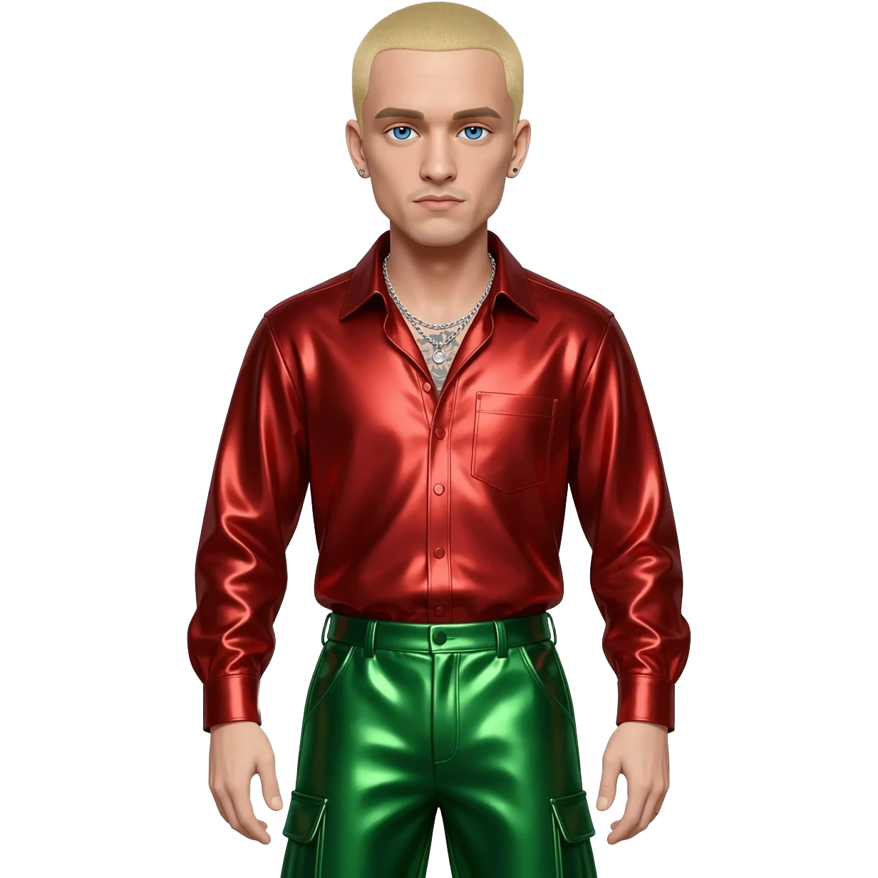 Eminem with blue eyes, blonde short hair, red metallic shirt, green metallic baggy pants, silver necklace emoji