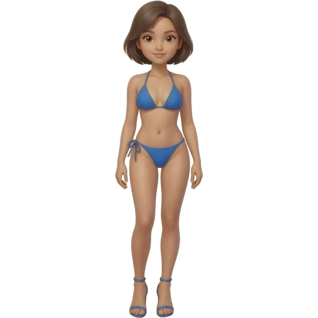 Filipino girl real blue triangle top bikini and tie tanga bikini bottom full body slim stand straight with high heels sandals brown short hair emoji