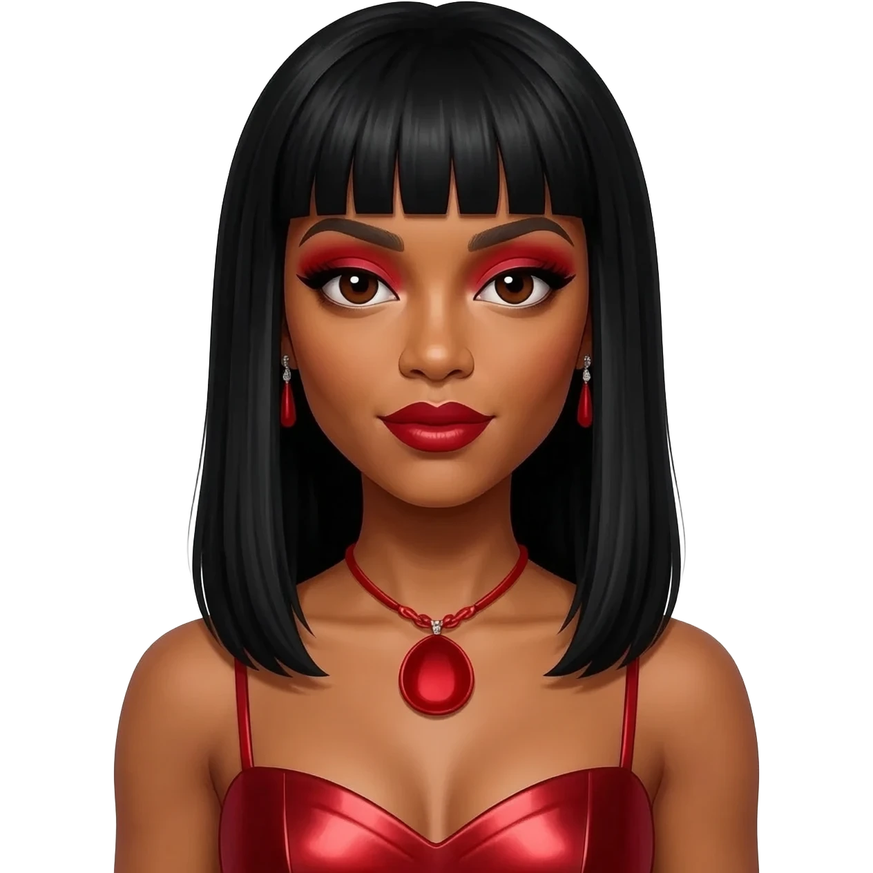 Kelly Rowland with dark brown eyes, red eyeshadow and lipstick, long black straight hair with bang, red metallic sweetheart dress, red necklace and earrings emoji