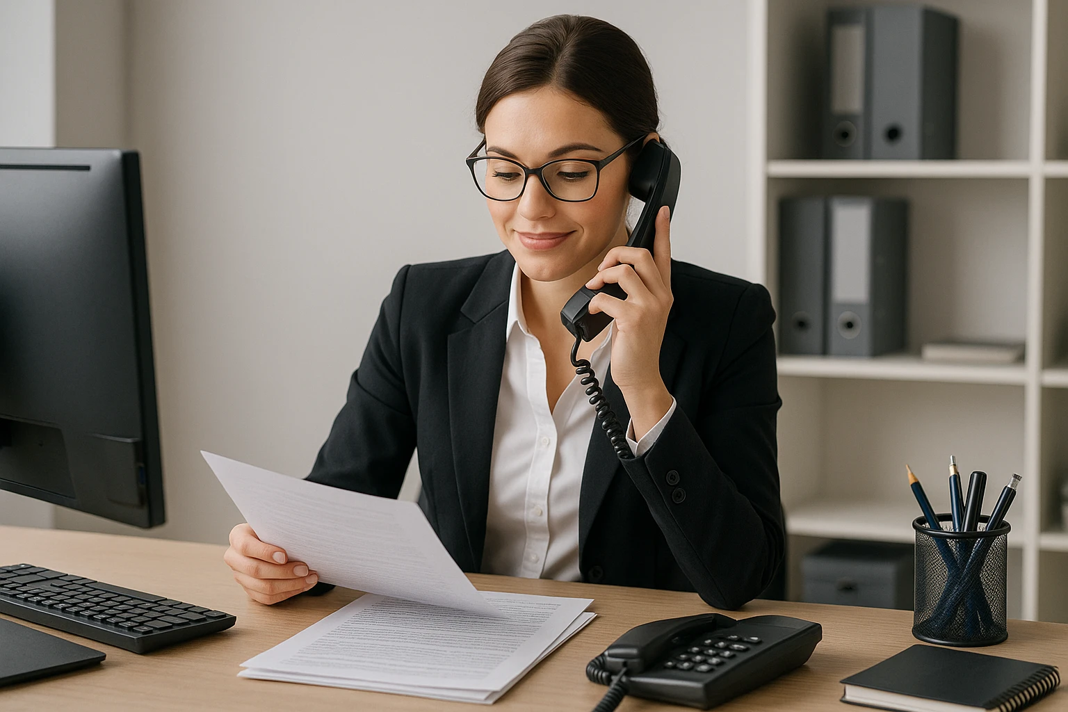 professional woman secretary at desk with telephone and papers, office environment emoji