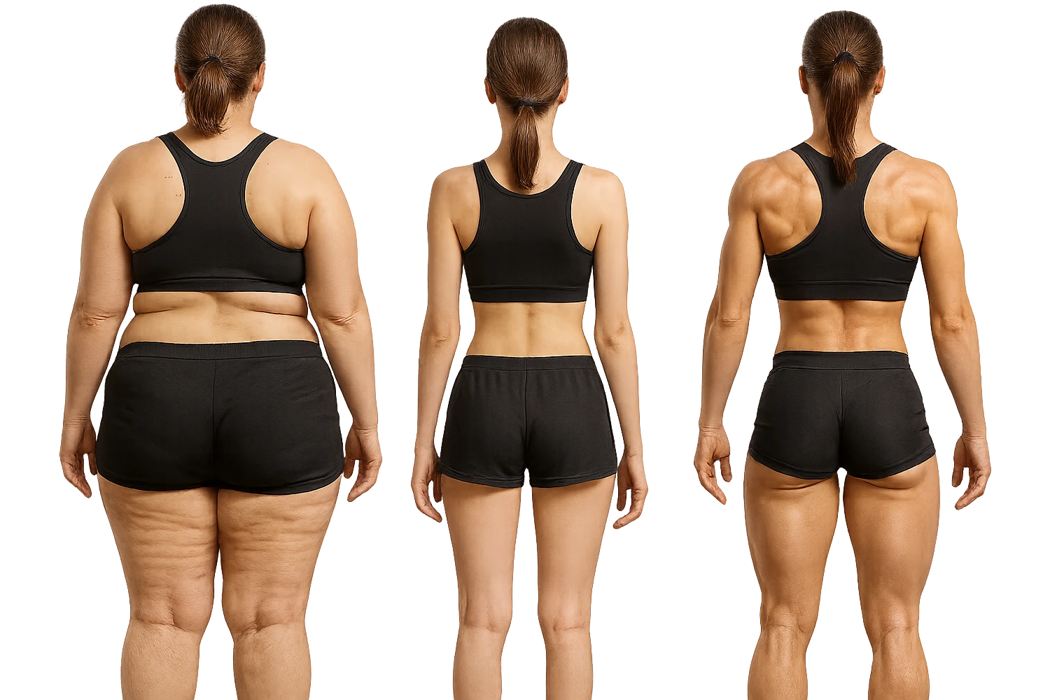fai una donna di spalle in gym shorts leggermente sovrappeso e con cellulite e accanto una seconda donna di spalle magra (che è dimagrita post dieta) e accanto una terza donna in forma allenata e con le giuste proporzioni, l'immagine deve rappresentare il processo: da donna grassa, a donna piatta e magra, a donna allenata e in forma con i giusti muscoli, iperrealistico 4k emoji