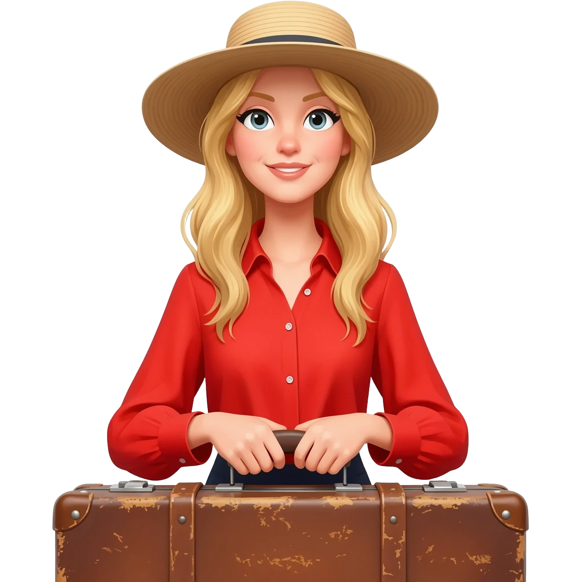 Blonde lady in a summer hat wearing red holding a suitcase. Torso only emoji