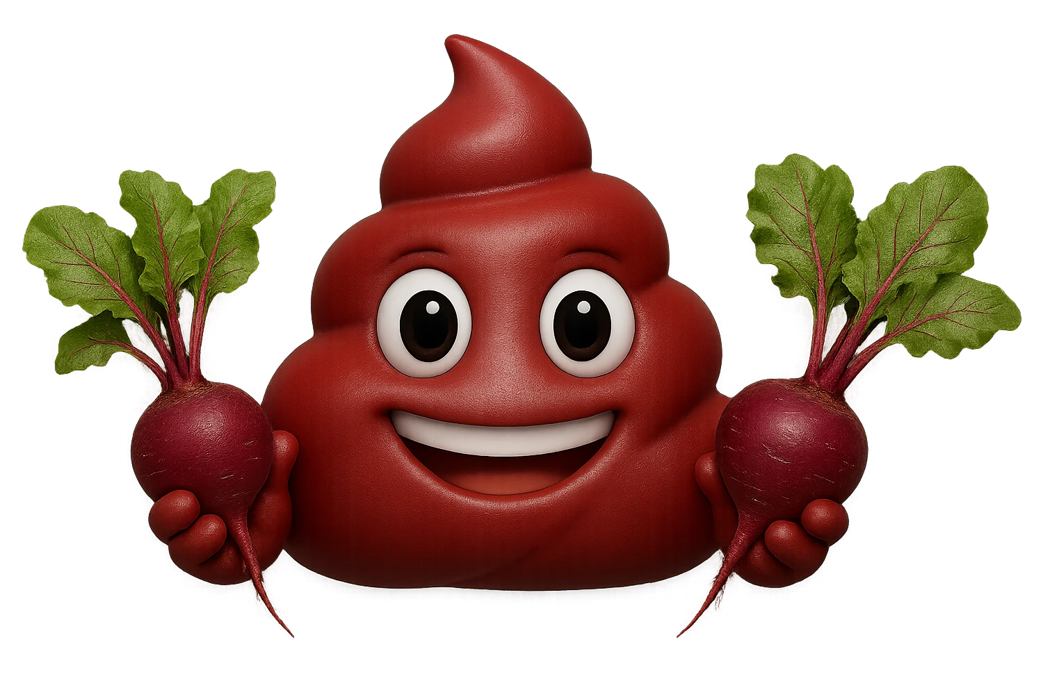 emoji stile iphone 3d di una cacca rossa con barbabietole in mano, iperrealistiche 4k emoji