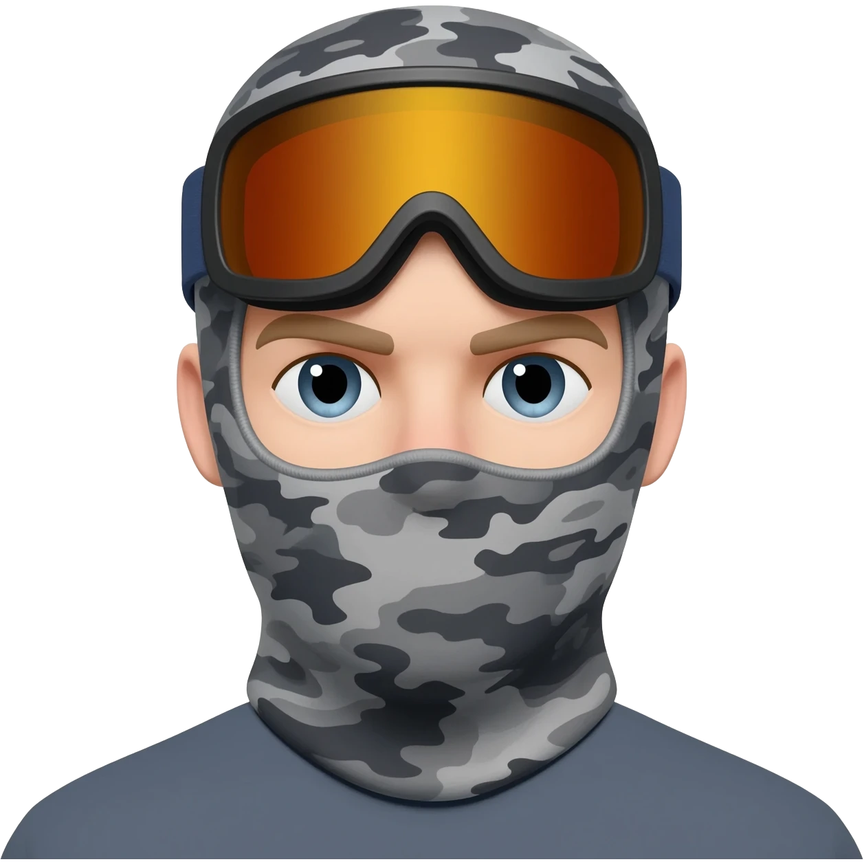 Man wearing a grey camo balaclava and ski googles emoji