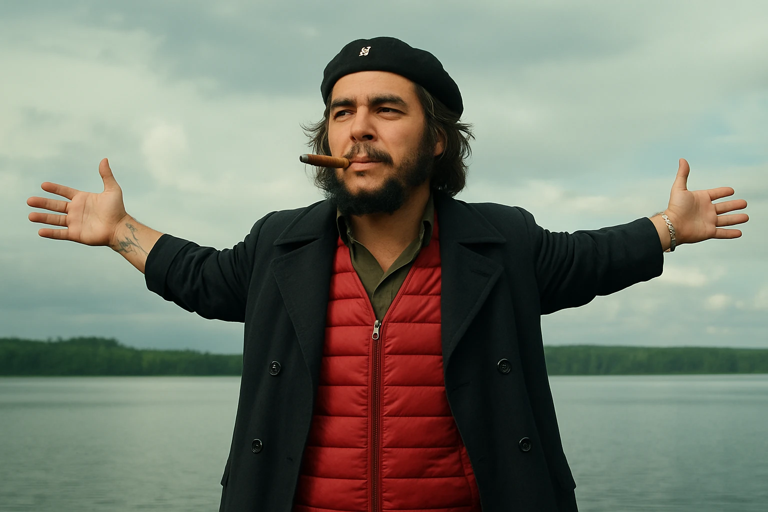 Сгенерируй мне в такой же позе и в такой же одежде Че Гевара и с сигарой в зубах, без надписей и слов emoji