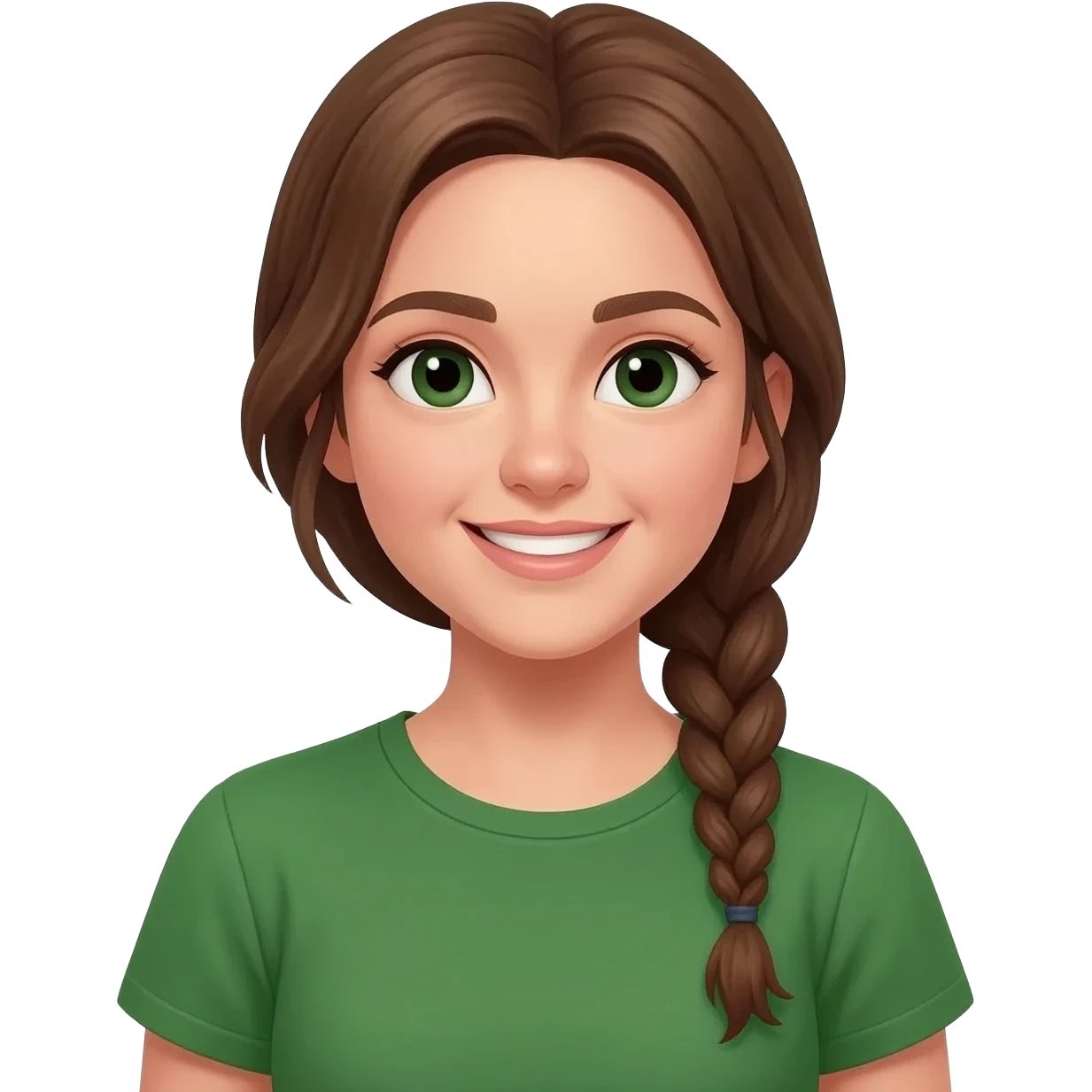 create an emoji of a teenage woman, pale skin (at least not tanned), smile. she has a sporty look, two braids with brown hair, dark green eyes, natural lips. she wears a green short sleeve emoji
