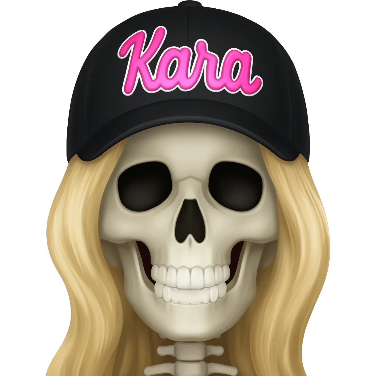 Create a skeleton head wearing a black baseball cap that says " Kara " in pink, and white lettering, with long blonde hair emoji