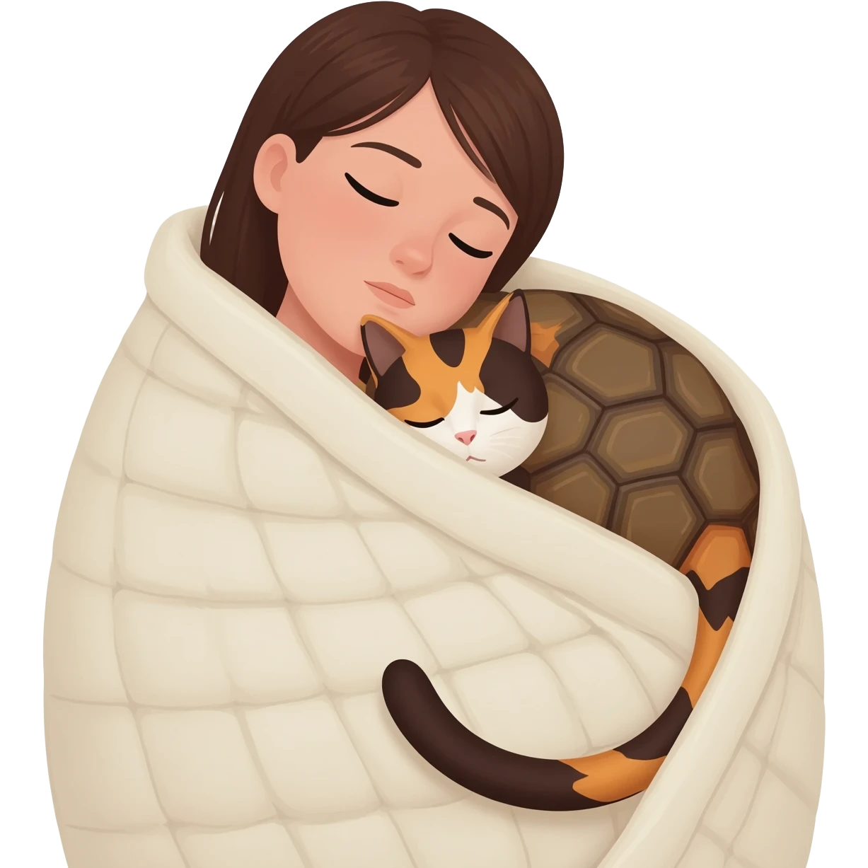 Burnette schläft mit Schildpatt Katze emoji