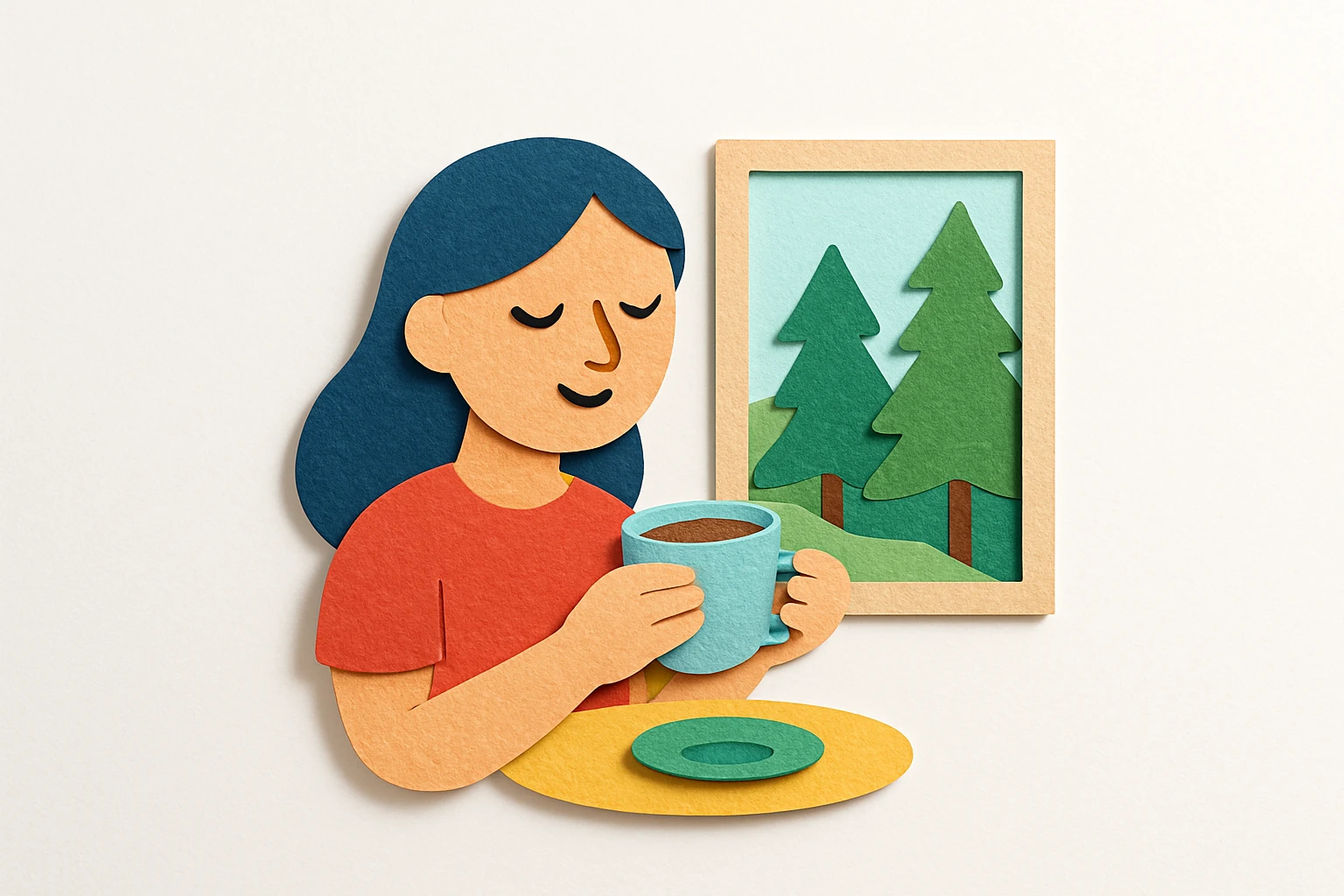 A woman enjoying tea by a window with a forest view emoji