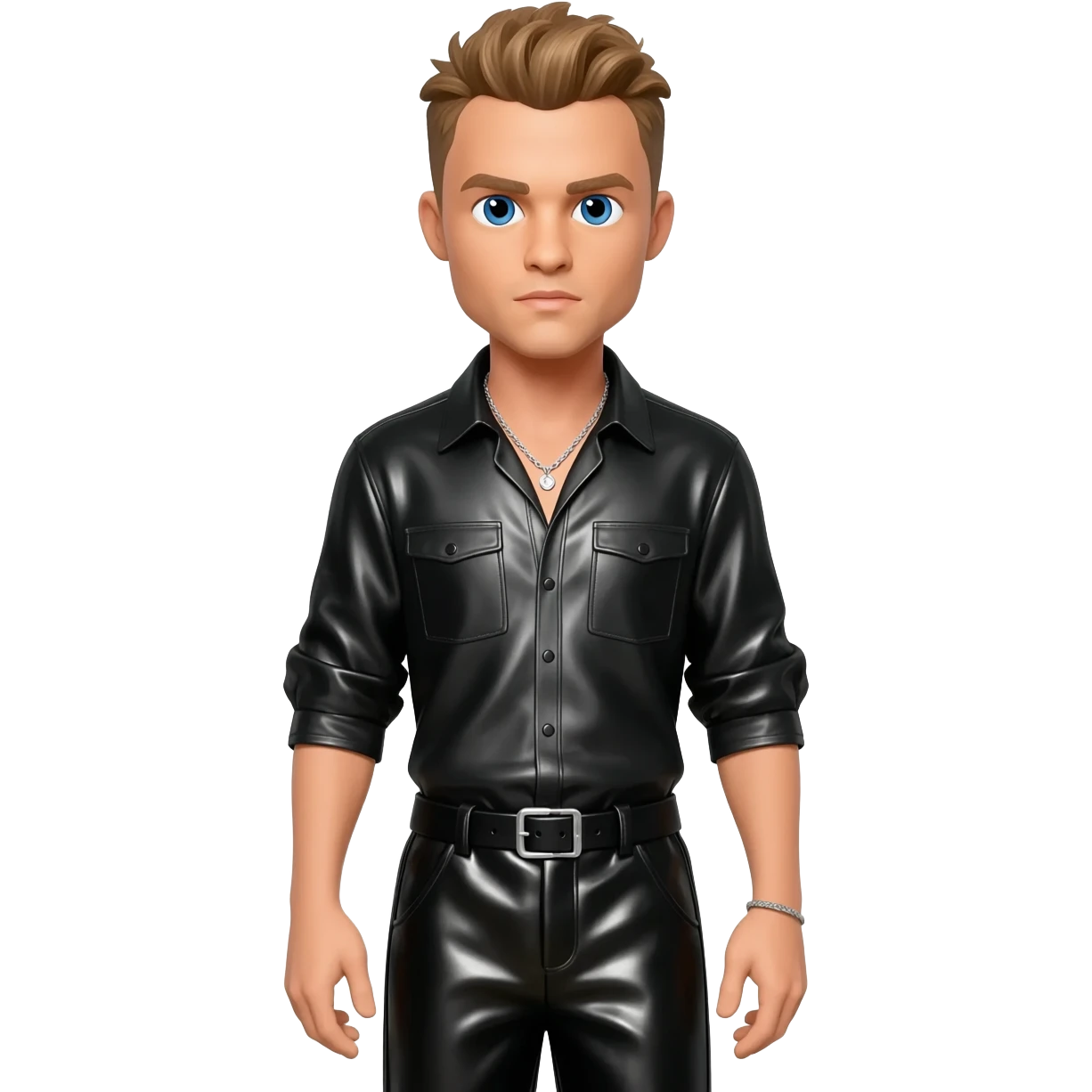 Justin Timberlake with blue eyes, light brown hair, black metallic shirt, black metallic baggy pants, silver necklace emoji