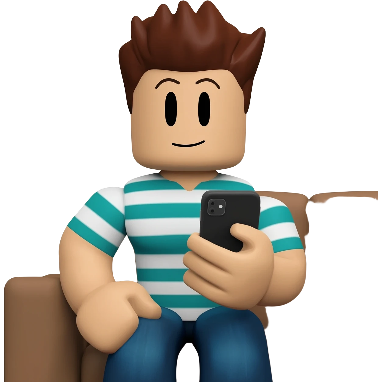 Genera un personaje de roblox con playera de rayas y jugando con su celular sentado en un sillon emoji