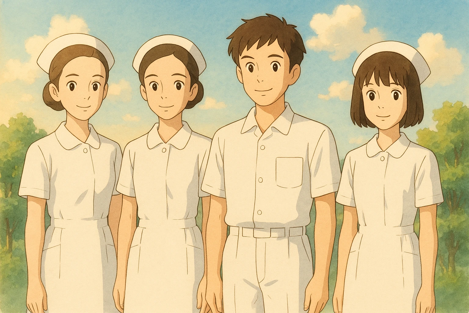 quatre étudiants infirmiers côte à côte, ambiance chaleureuse, ils ne se touchent pas, en tenue blanche complète à manches courtes, bras dégagés, sans stéthoscope, style Ghibli emoji