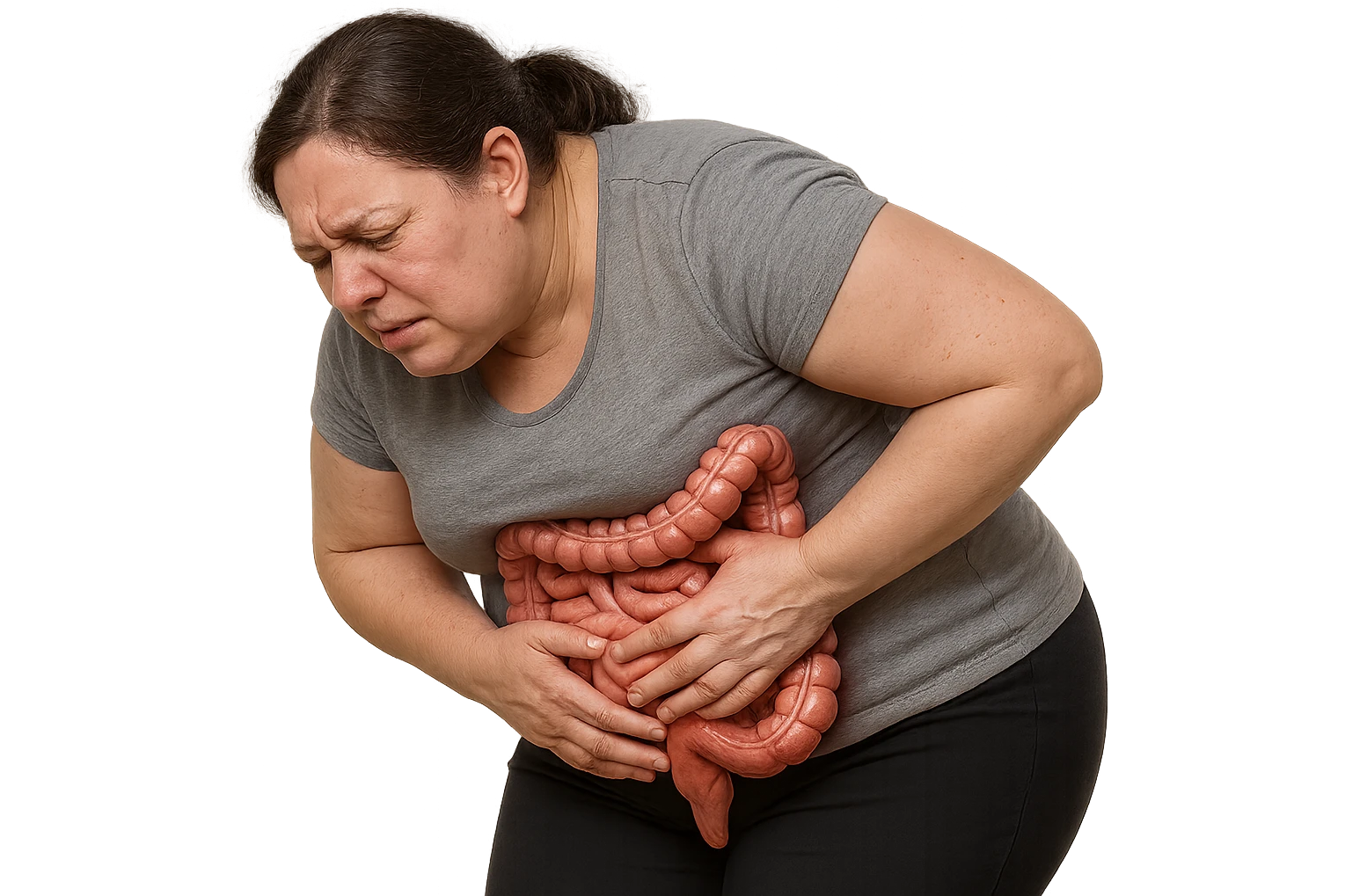 DONNA LEGGERMENTE SOVRAPPESO PIEGATA IN AVANTI CON INTESTINO ANATOMICO IN EVIDENZA, MAL DI PANCIA iperrealistico 4k emoji