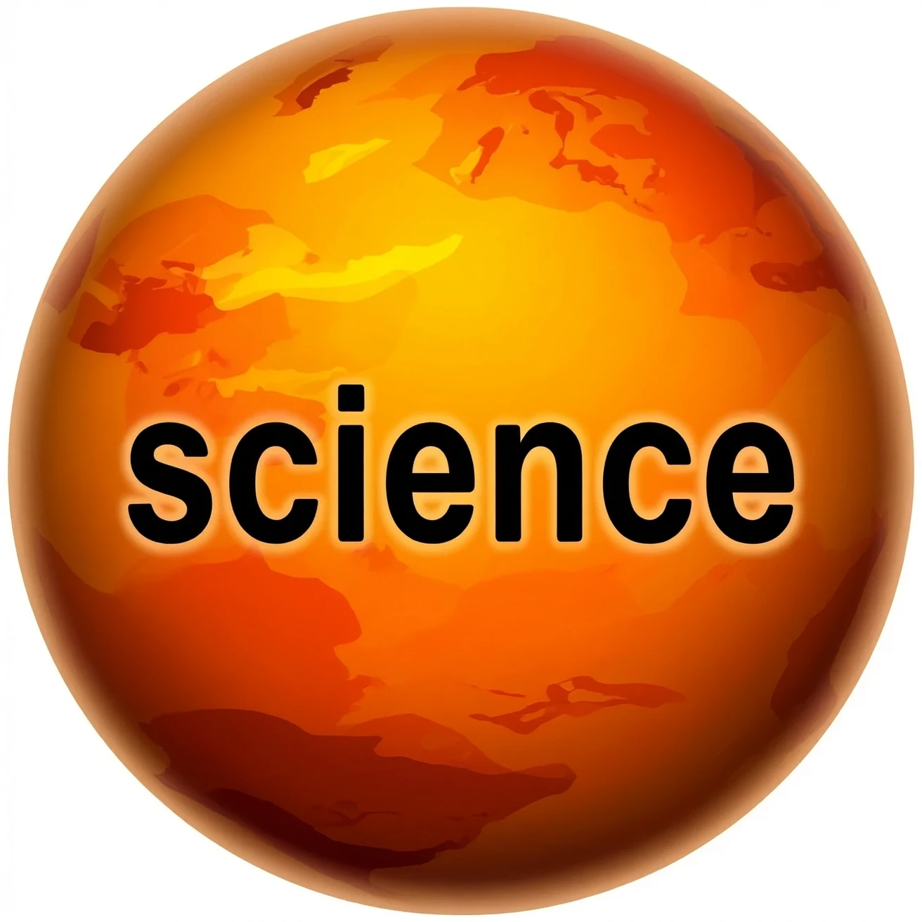 a orange burning planet that has "science" written on it in black letters in a realistic style emoji